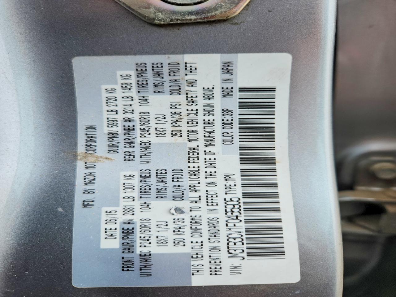 2015 Mazda Cx-9 Touring Silver vin: JM3TB3CV1F0465905