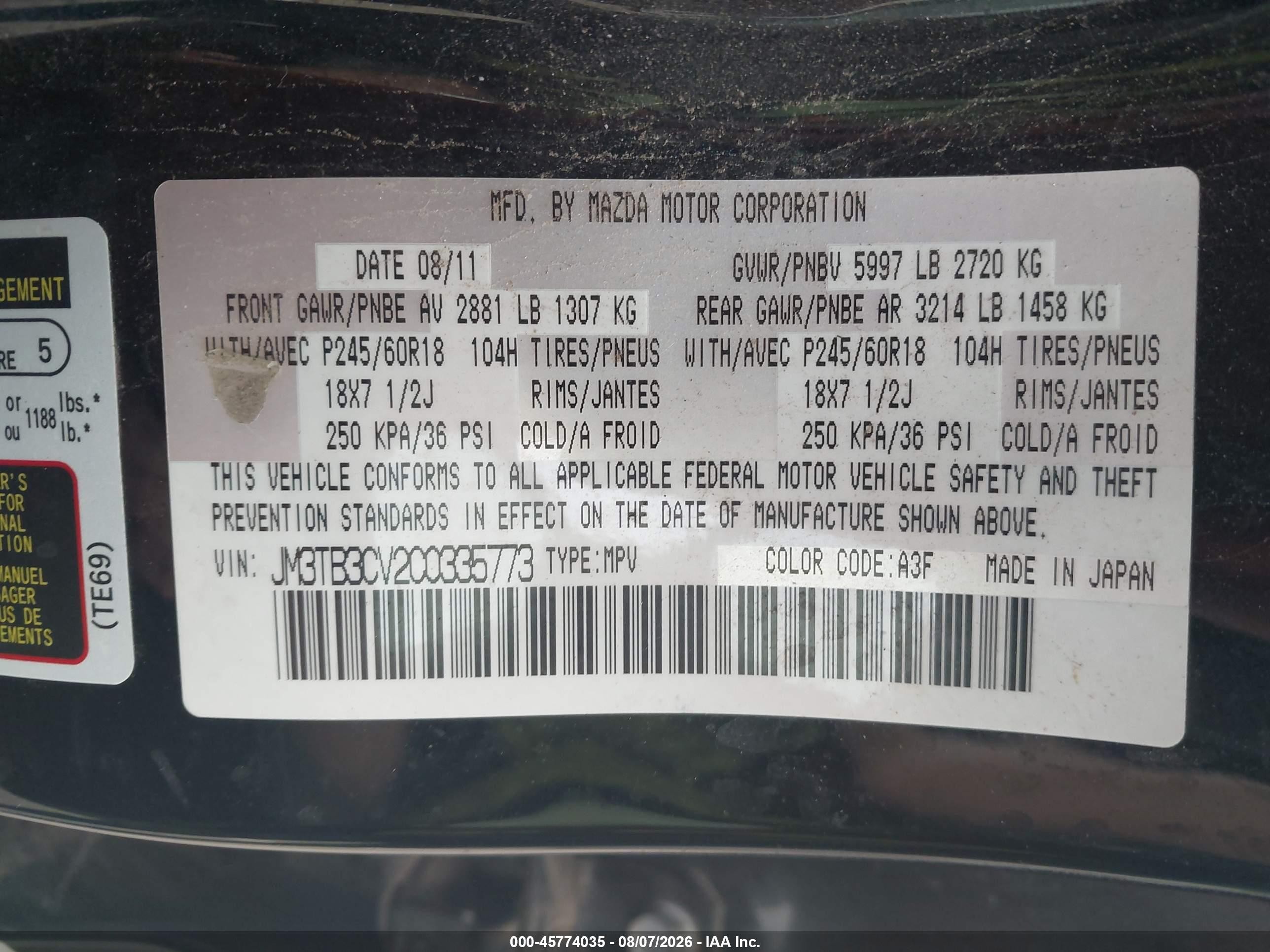 2012 Mazda Cx-9 Touring Black vin: JM3TB3CV2C0335773