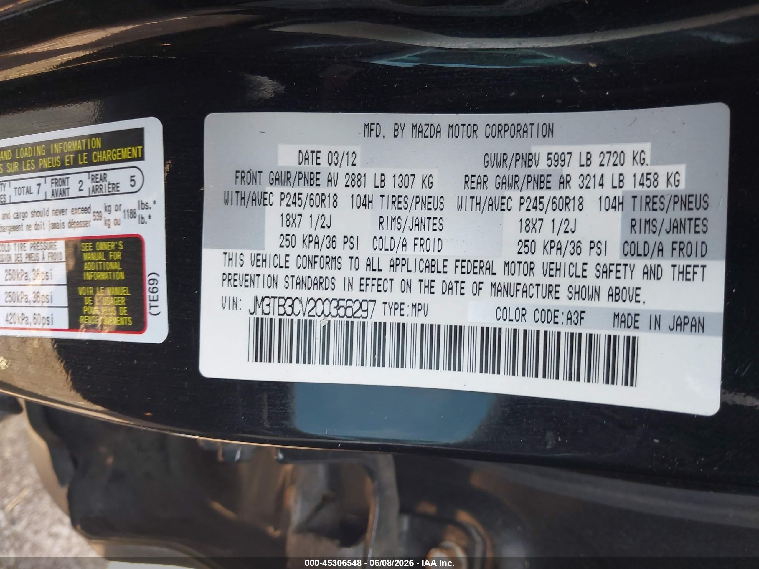 2012 Mazda Cx-9 Touring Black vin: JM3TB3CV2C0356297