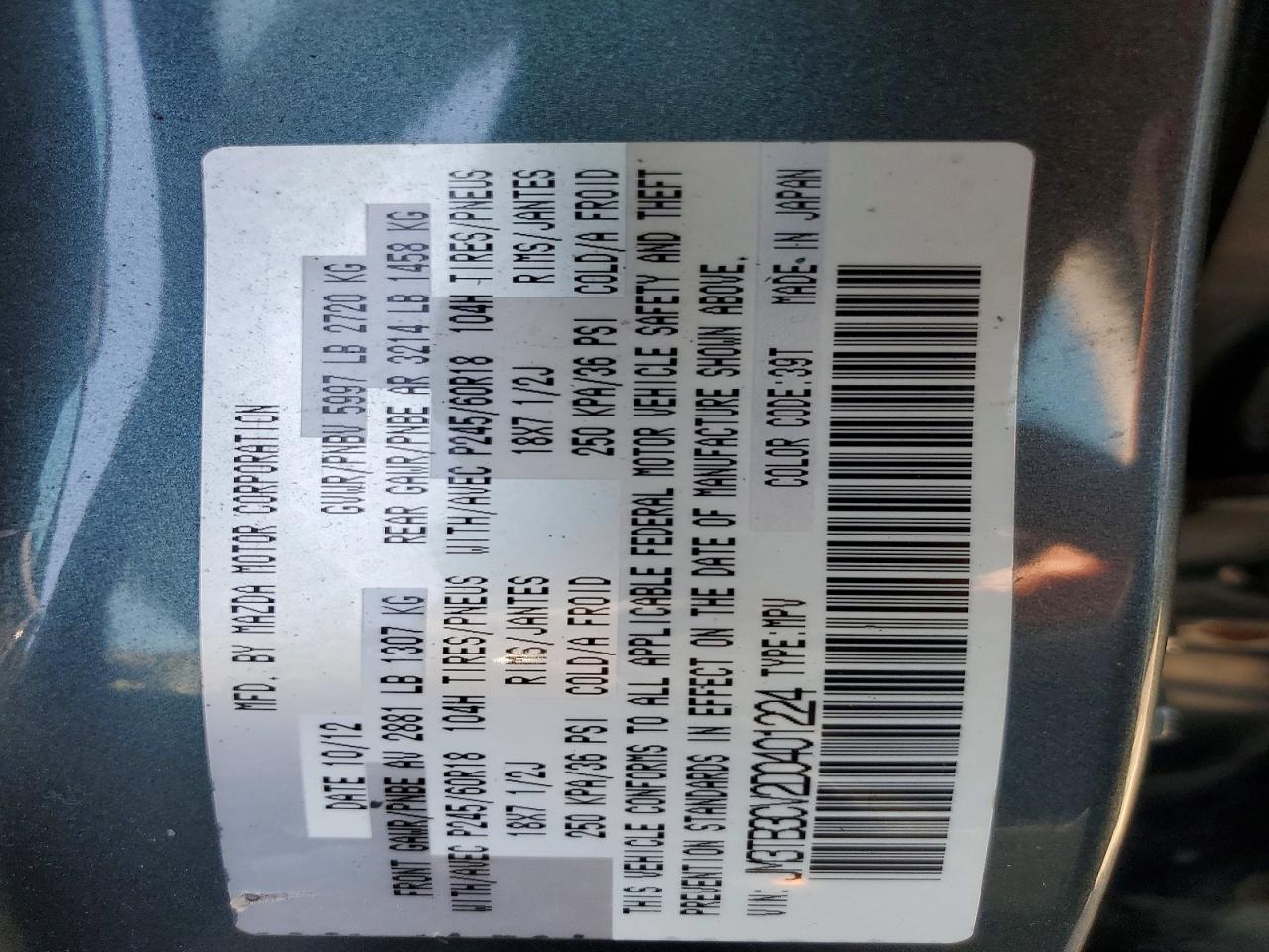 2013 Mazda Cx-9 Touring Teal vin: JM3TB3CV2D0401224