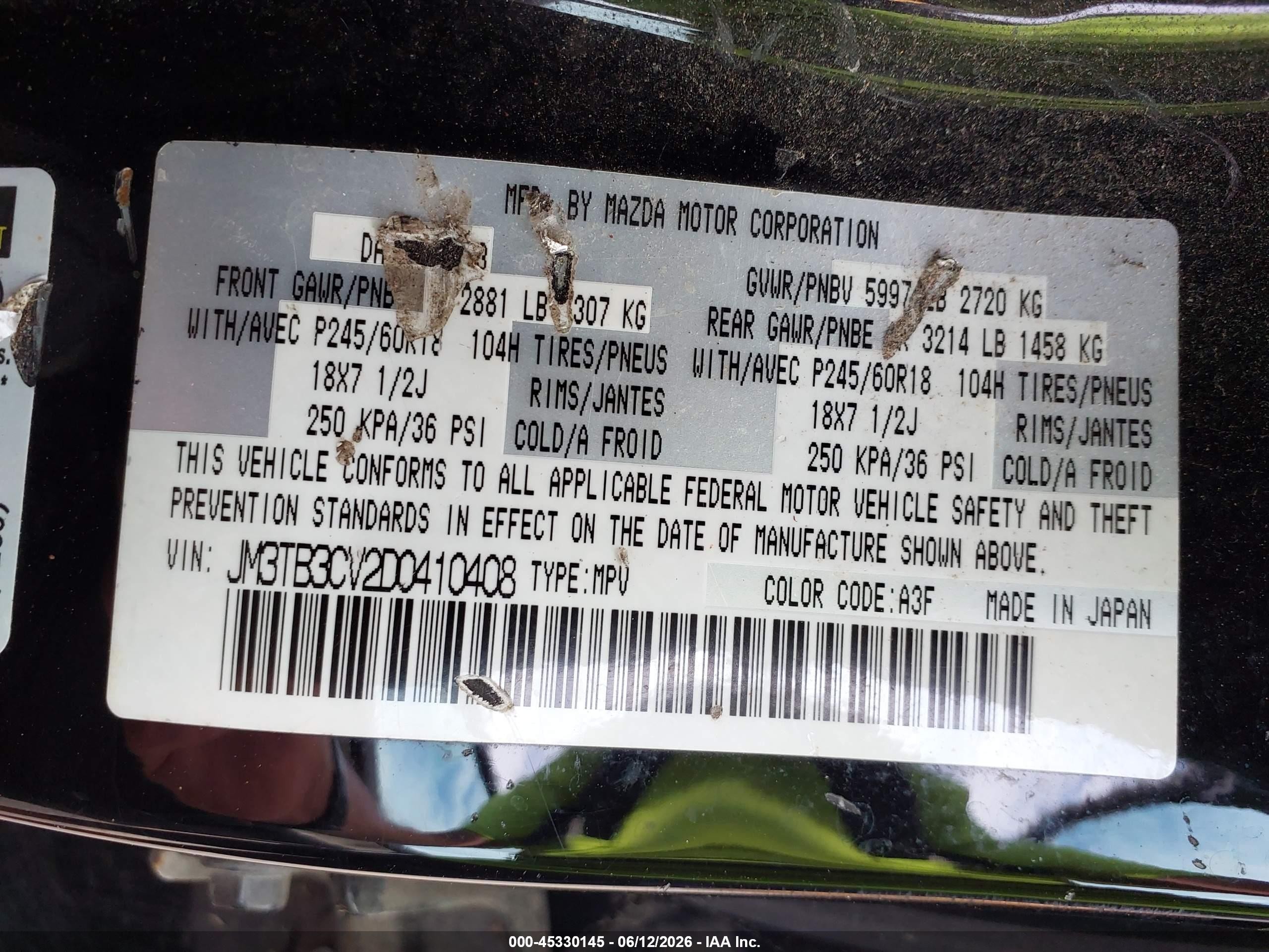 2013 Mazda Cx-9 Touring Черный vin: JM3TB3CV2D0410408