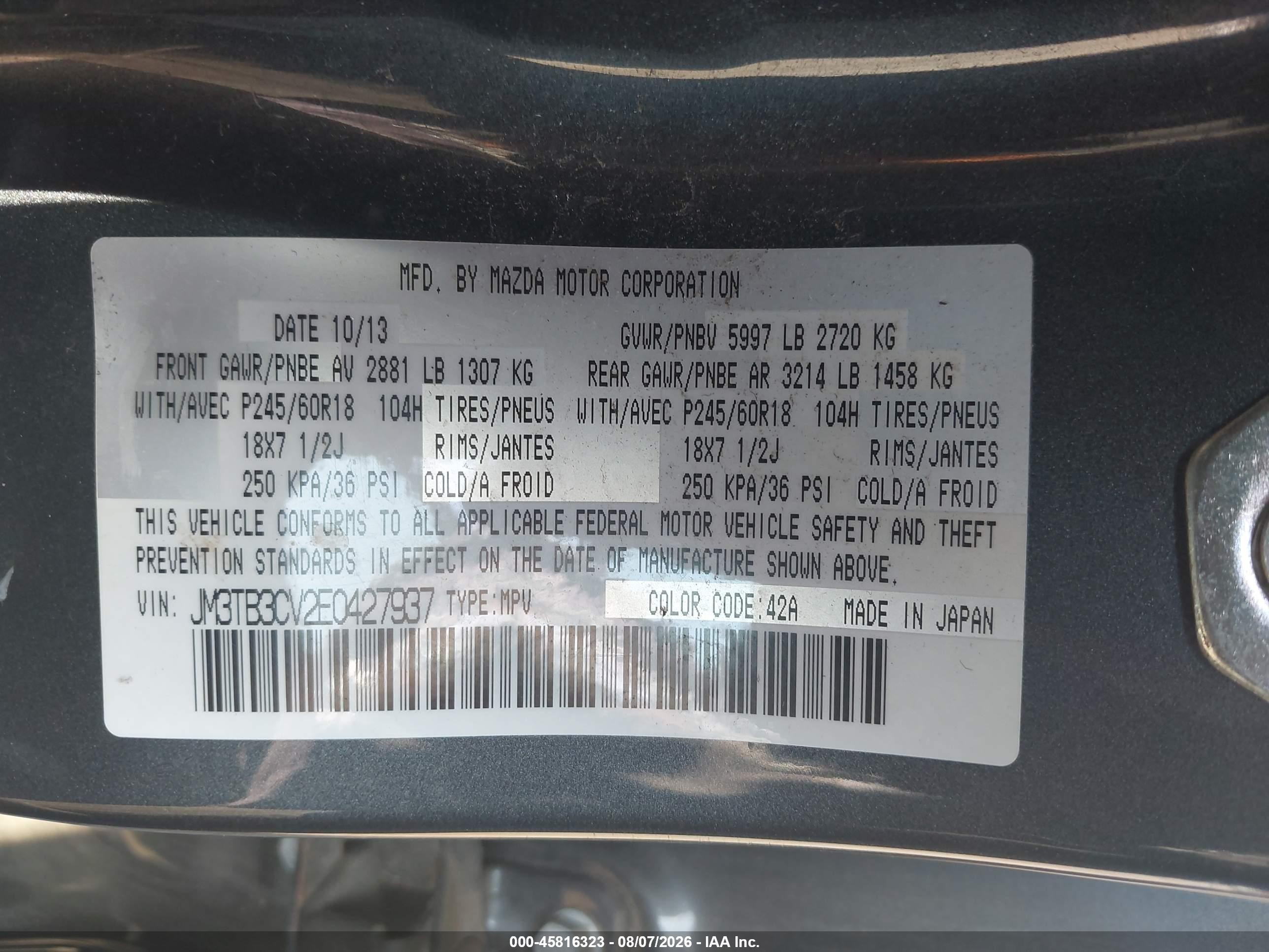 2014 Mazda Cx-9 Touring Gray vin: JM3TB3CV2E0427937