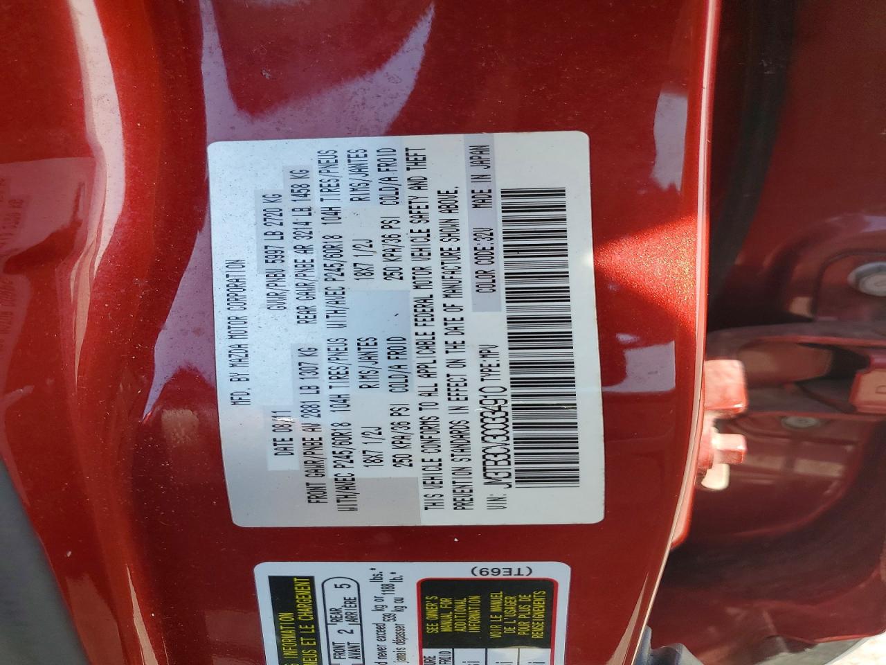 2012 Mazda Cx-9 Red vin: JM3TB3CV3C0334910