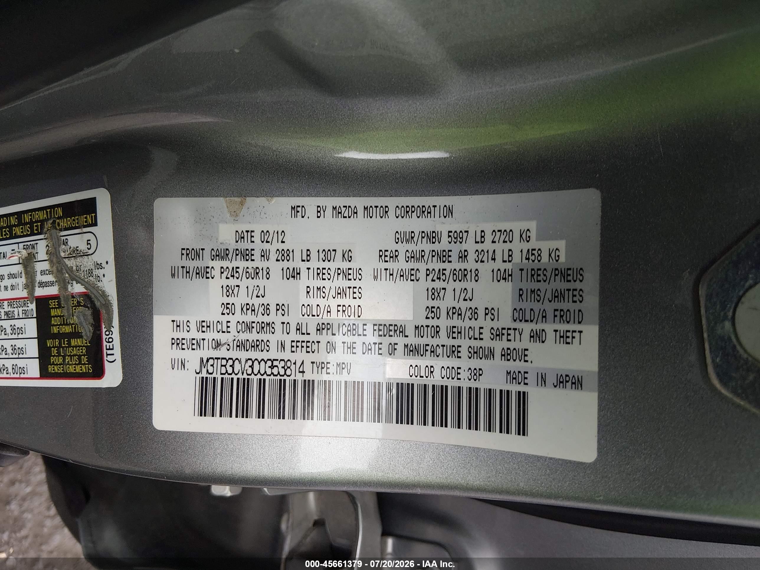 2012 Mazda Cx-9 Touring Silver vin: JM3TB3CV3C0353814
