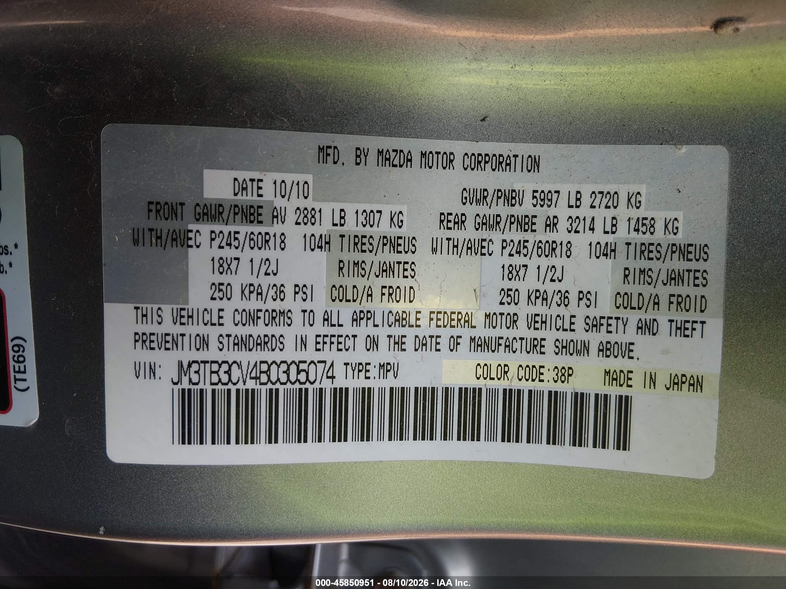 2011 Mazda Cx-9 Touring Silver vin: JM3TB3CV4B0305074