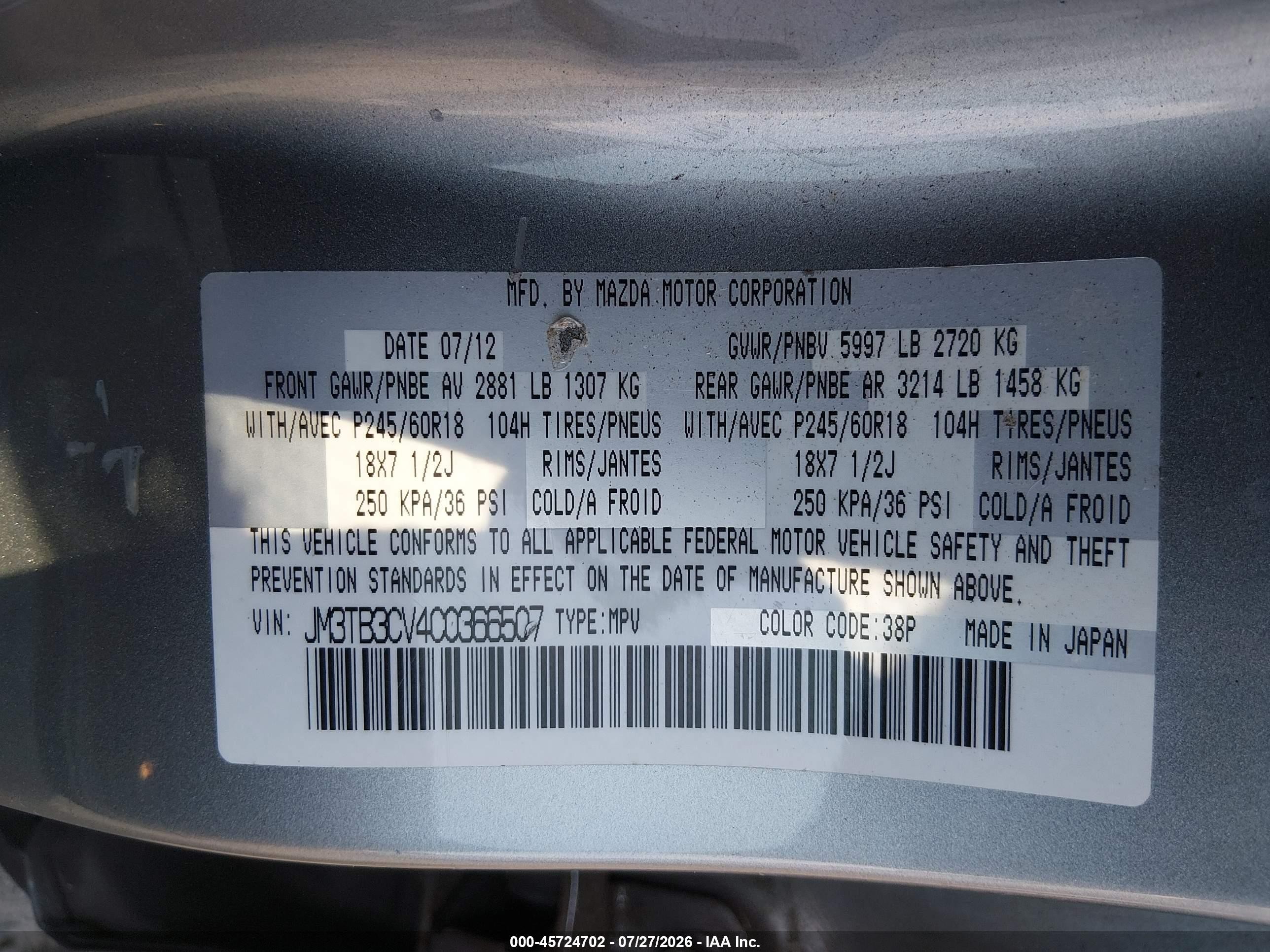 2012 Mazda Cx-9 Touring Silver vin: JM3TB3CV4C0366507
