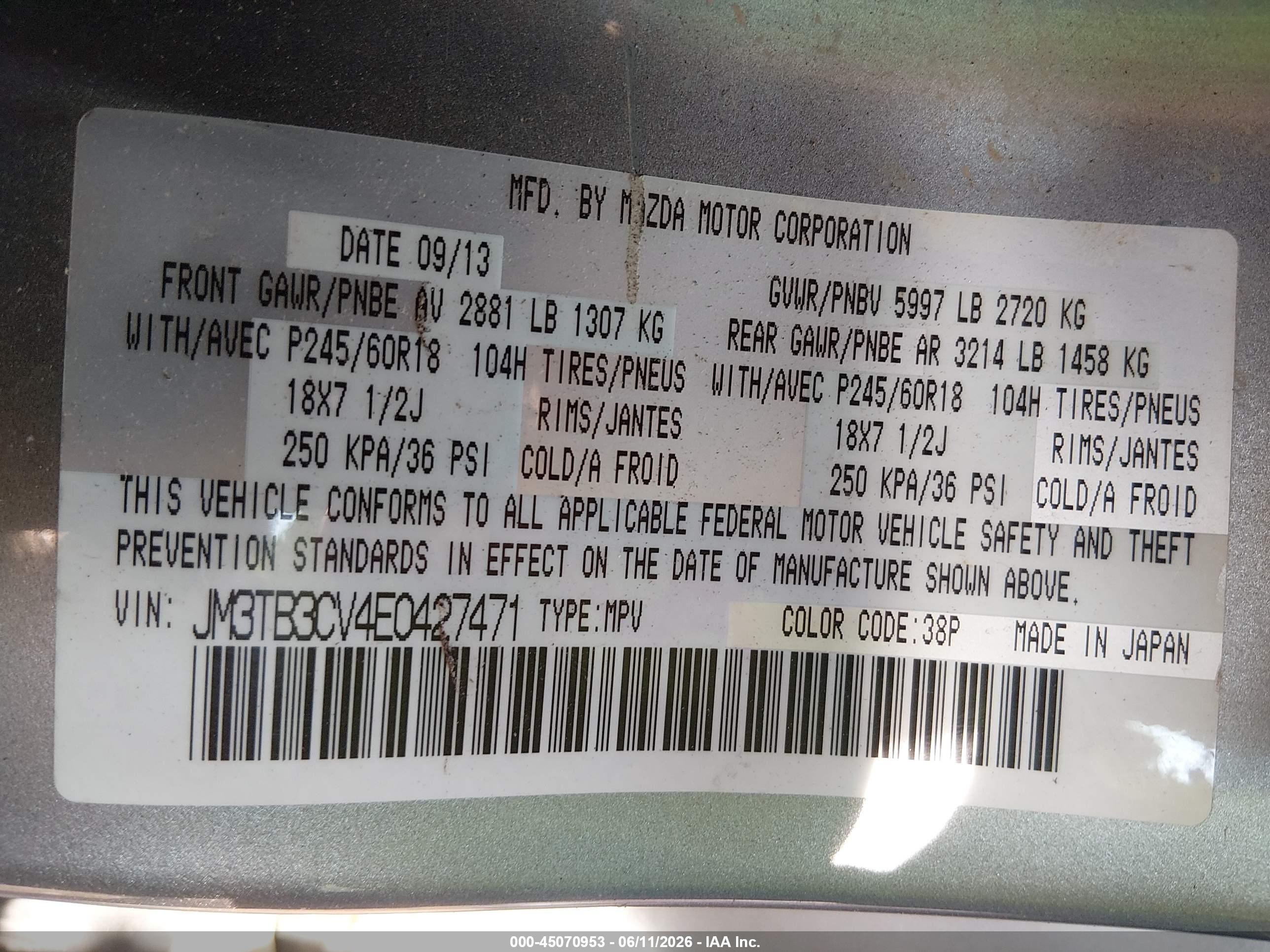 2014 Mazda Cx-9 Touring Silver vin: JM3TB3CV4E0427471
