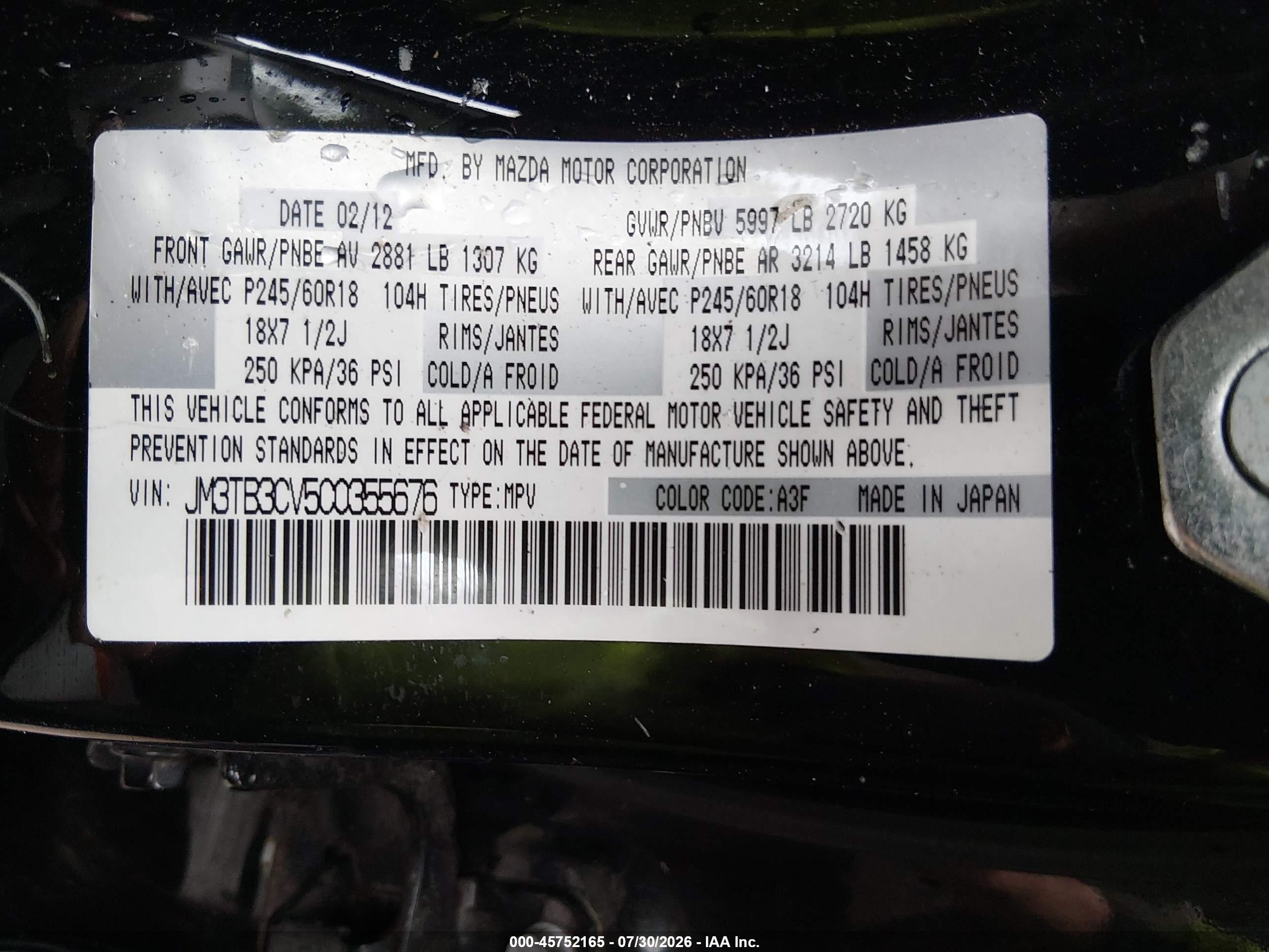 2012 Mazda Cx-9 Touring Черный vin: JM3TB3CV5C0355676
