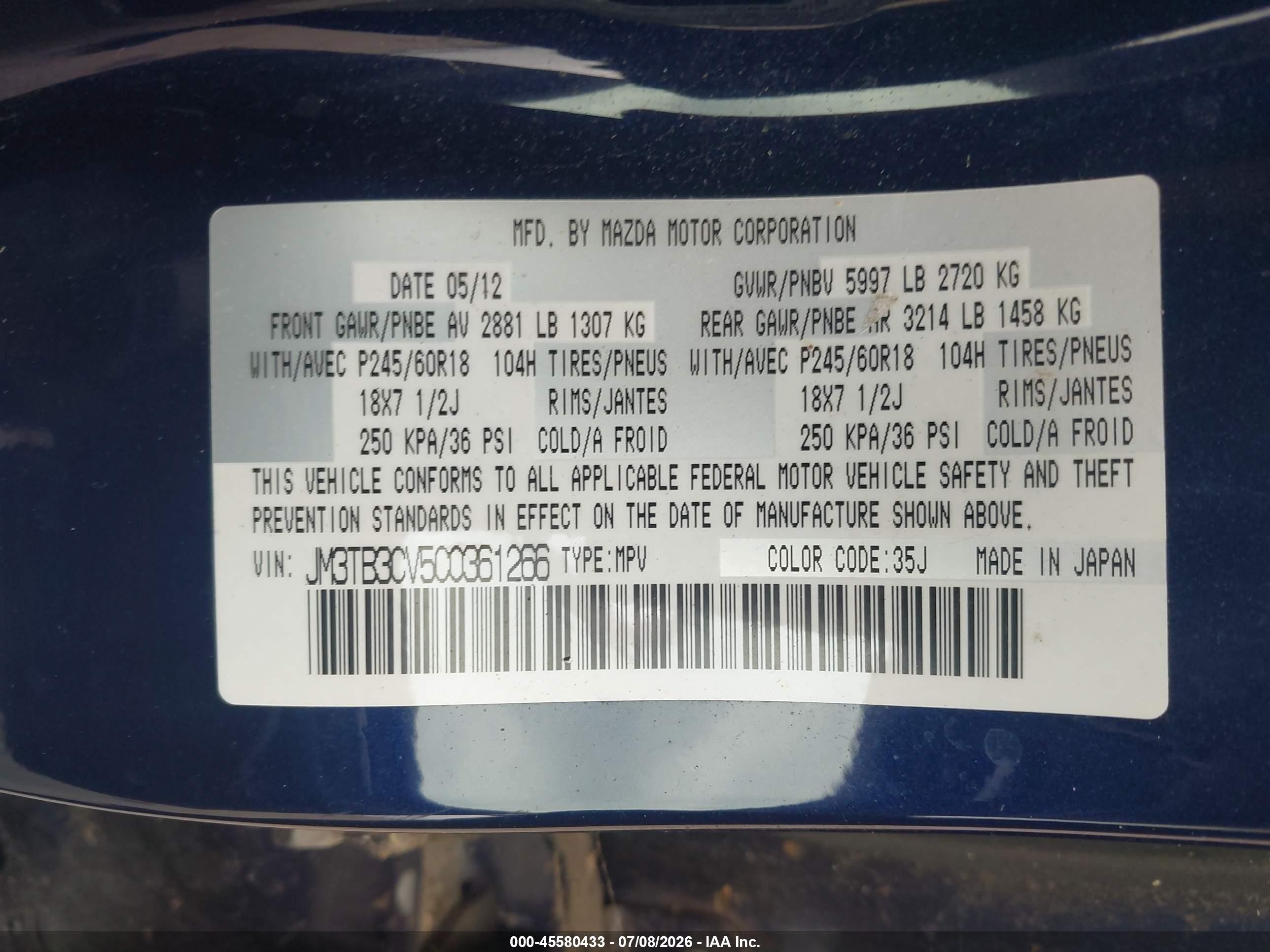 2012 Mazda Cx-9 Touring Dark Blue vin: JM3TB3CV5C0361266