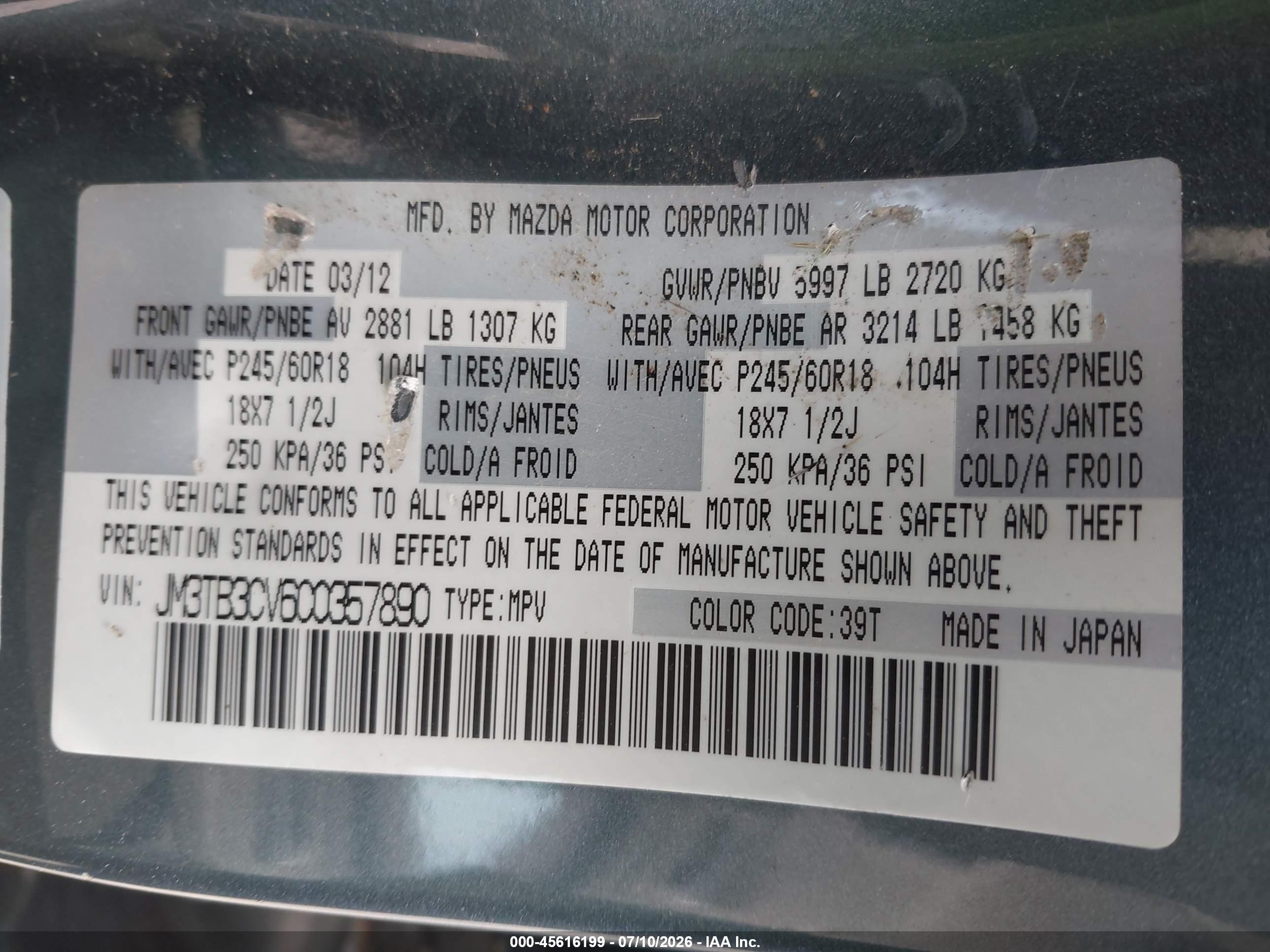 2012 Mazda Cx-9 Touring Teal vin: JM3TB3CV6C0357890
