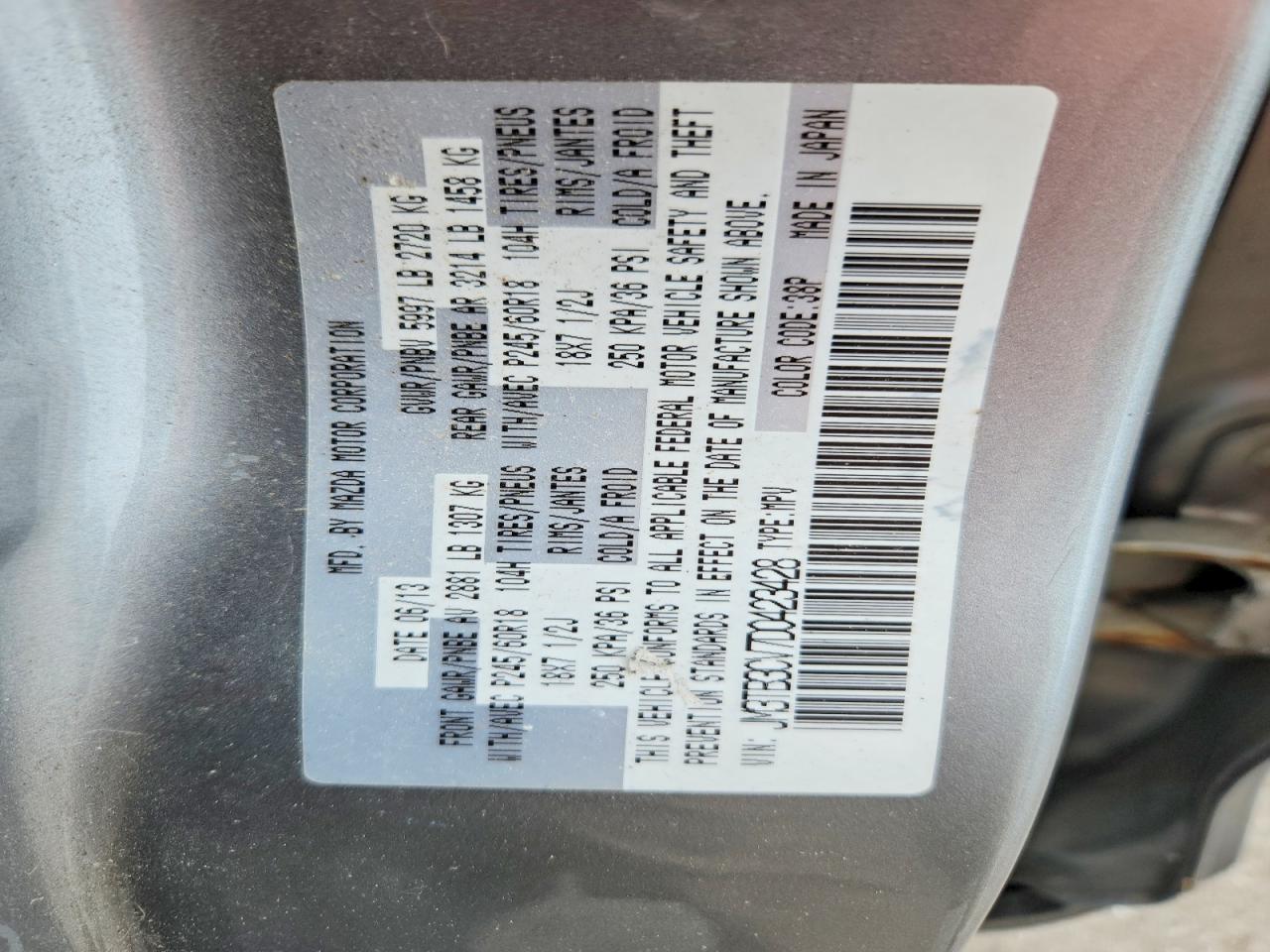 2013 Mazda Cx-9 Touring Gray vin: JM3TB3CV7D0423428