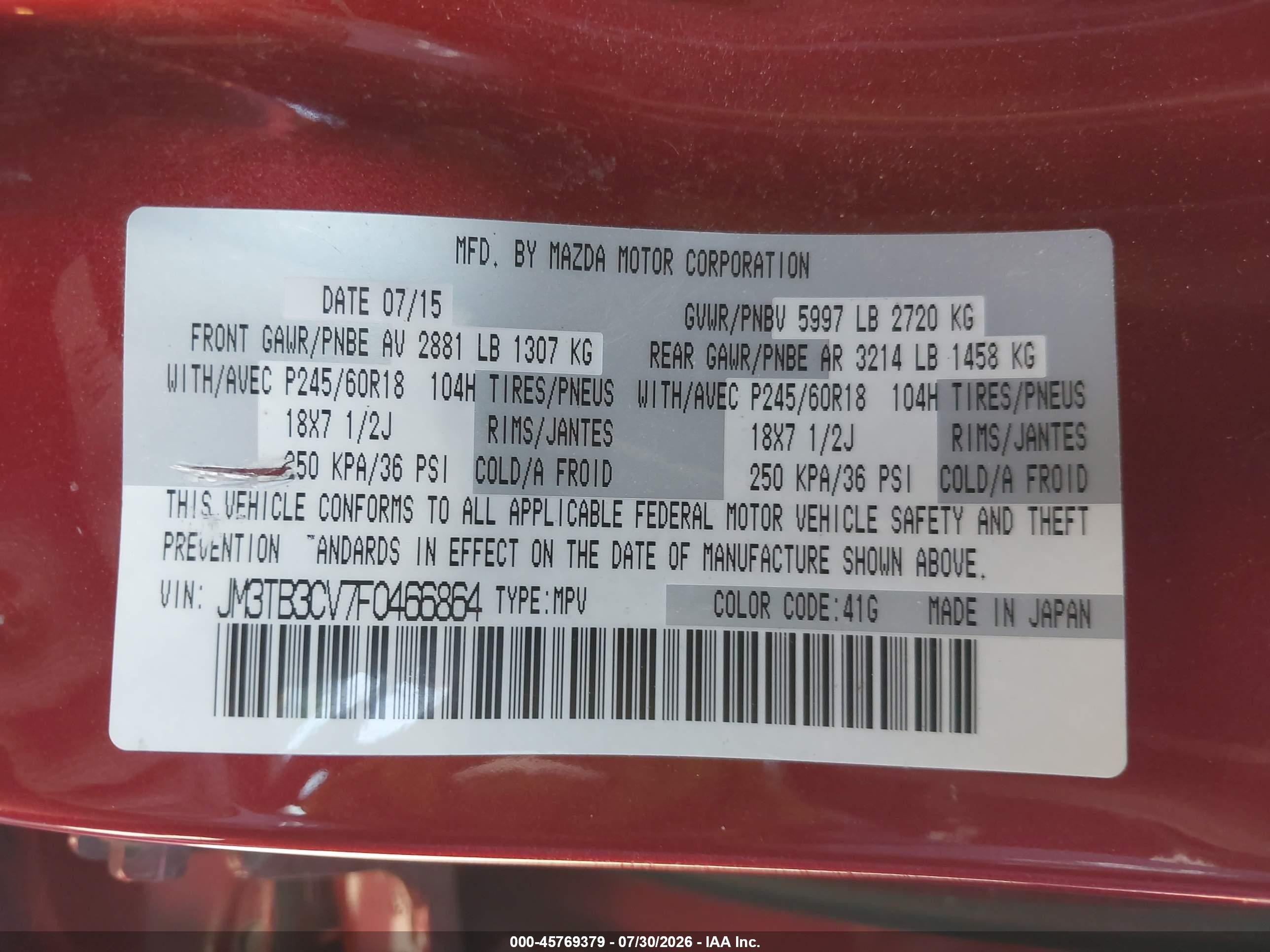 2015 Mazda Cx-9 Touring Burgundy vin: JM3TB3CV7F0466864