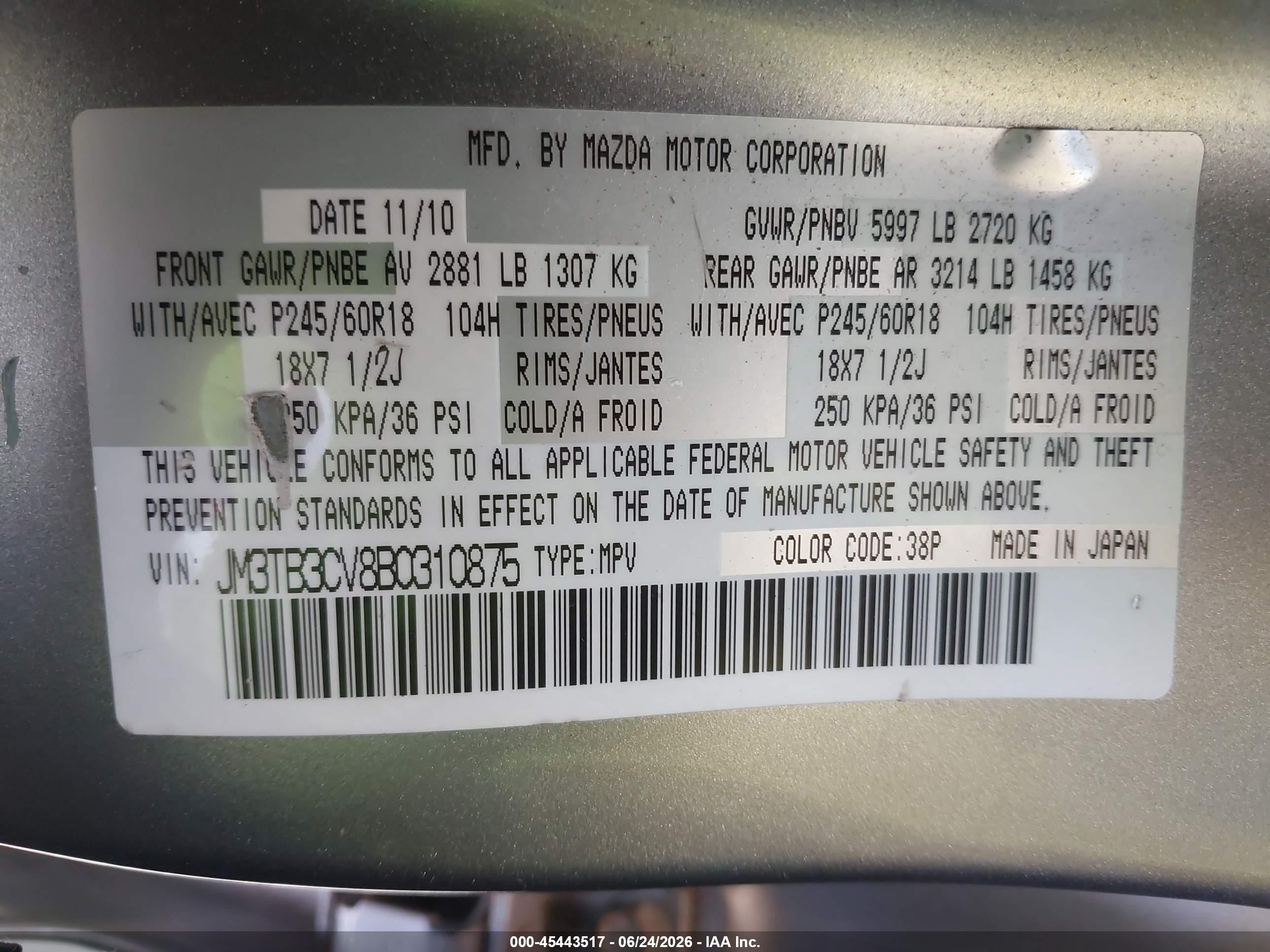 2011 Mazda Cx-9 Touring Gray vin: JM3TB3CV8B0310875