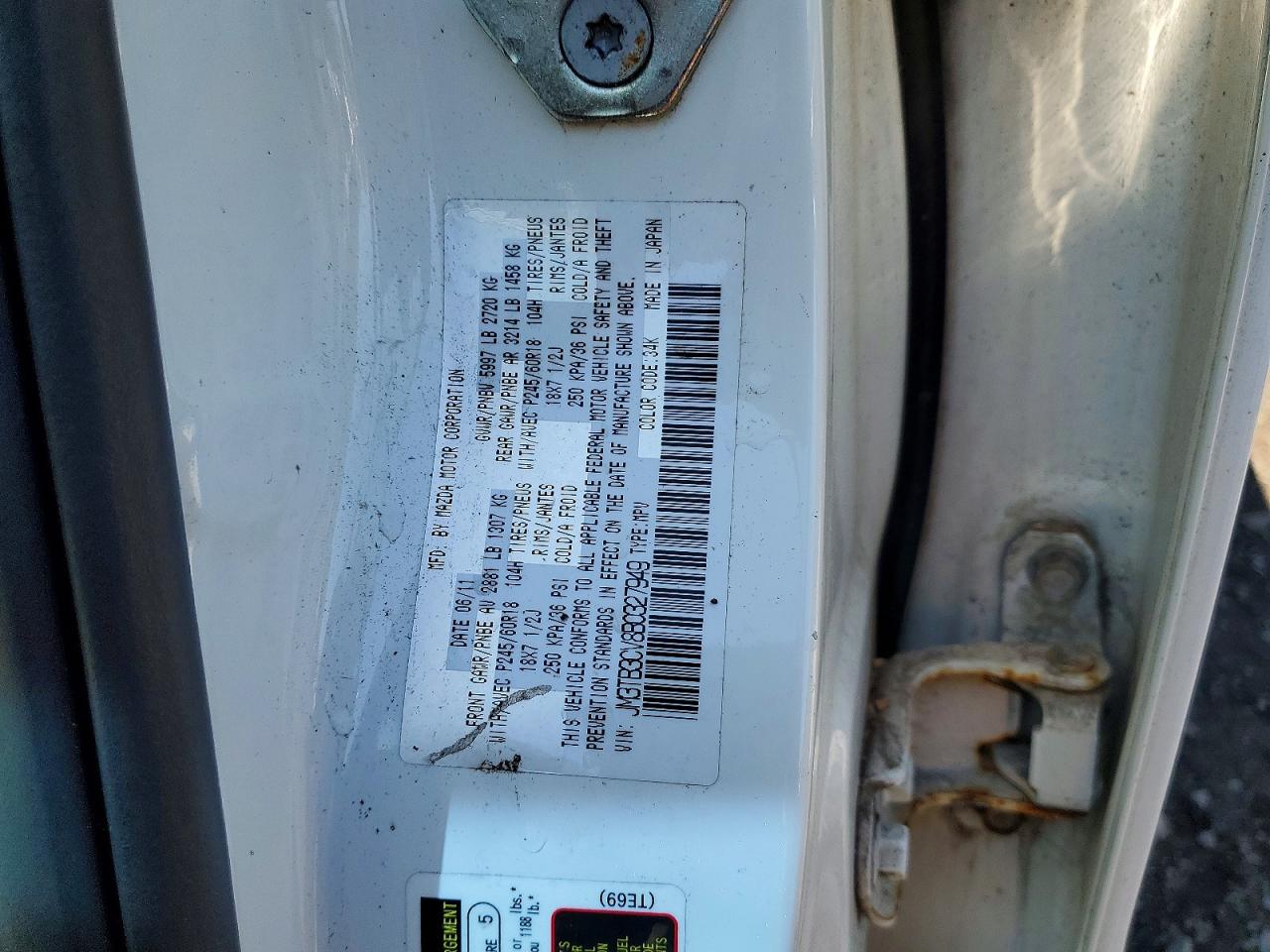 2011 Mazda Cx-9 White vin: JM3TB3CV8B0327949