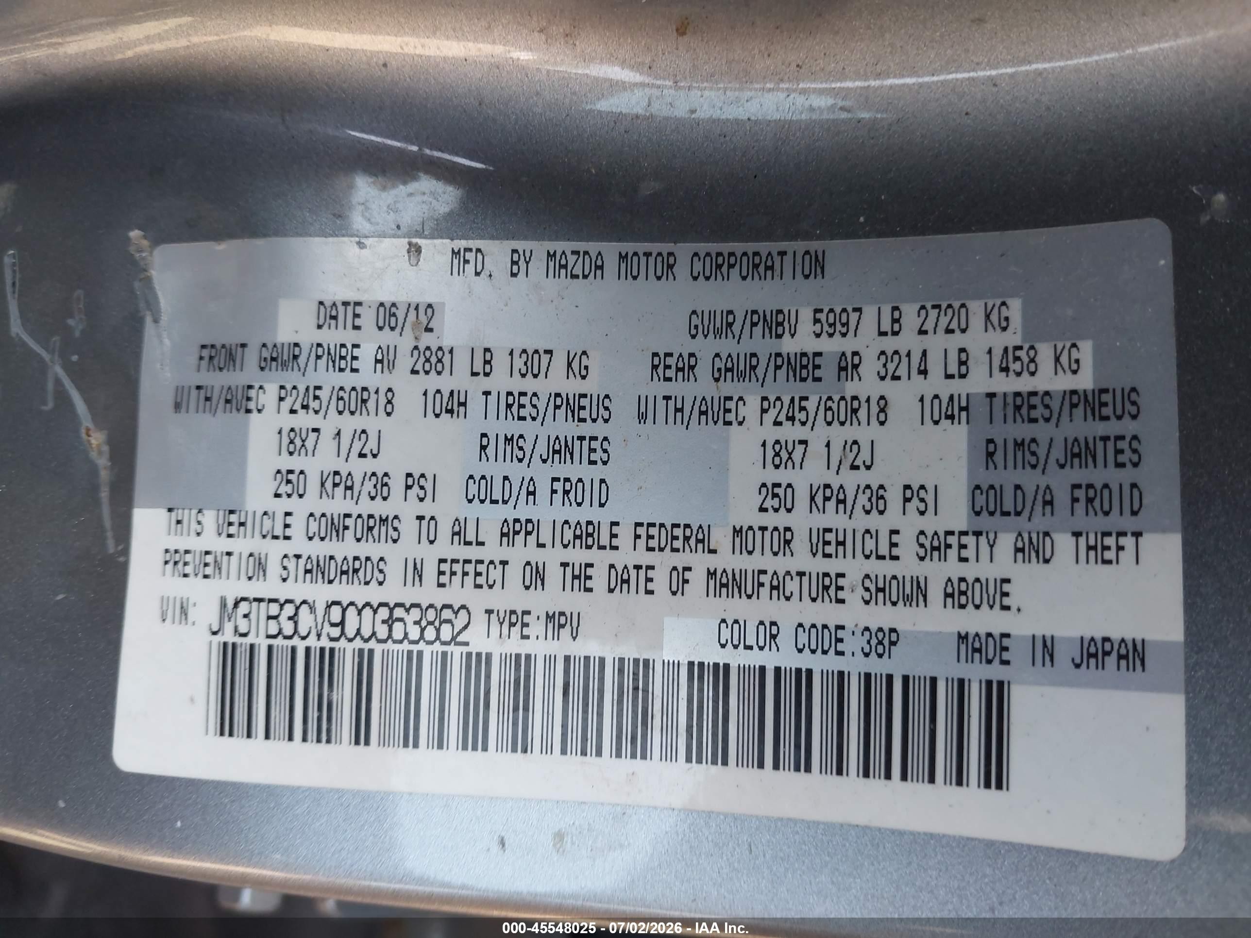 2012 Mazda Cx-9 Touring Gray vin: JM3TB3CV9C0363862