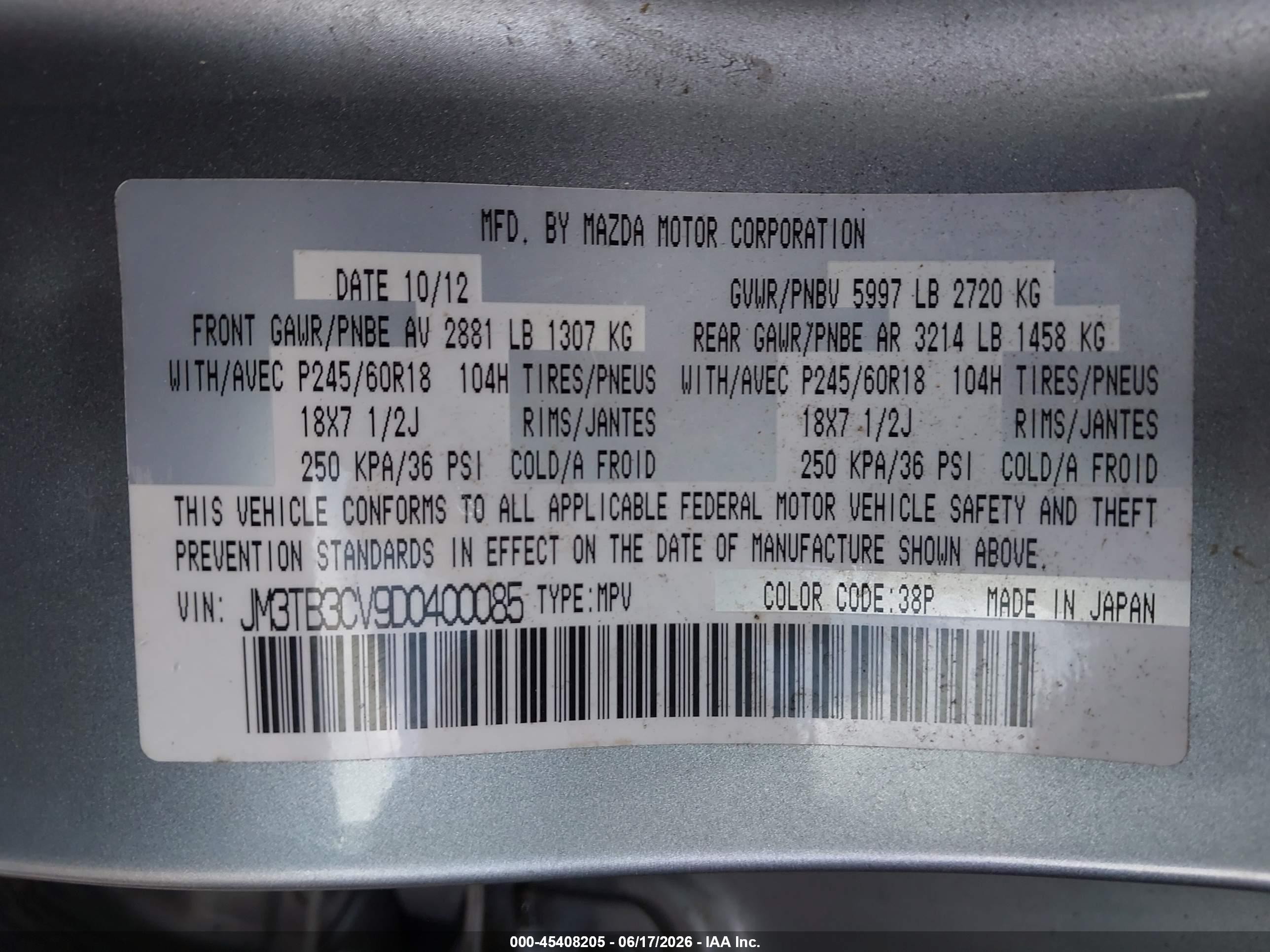 2013 Mazda Cx-9 Touring Gray vin: JM3TB3CV9D0400085