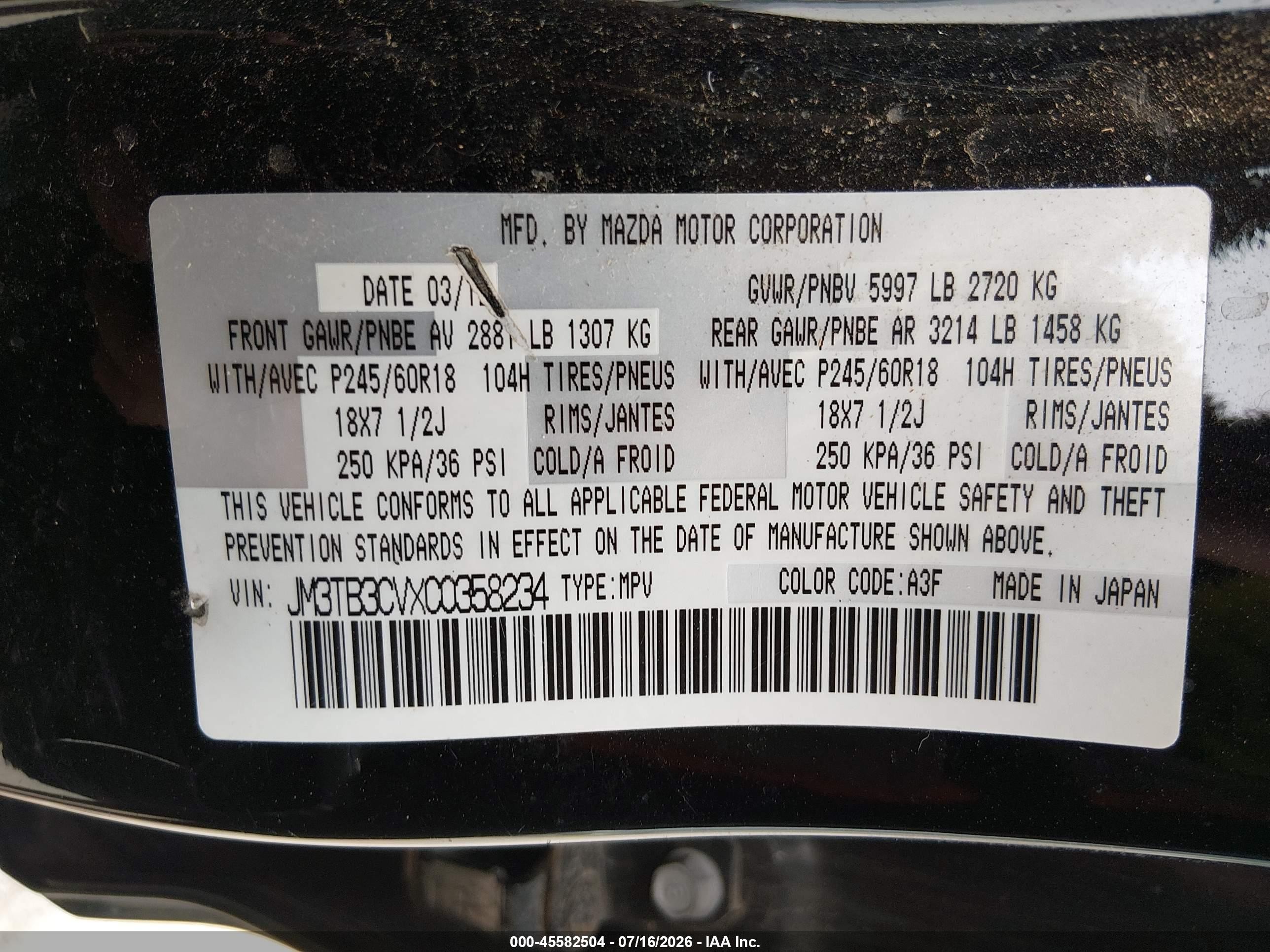 2012 Mazda Cx-9 Touring Black vin: JM3TB3CVXC0358234