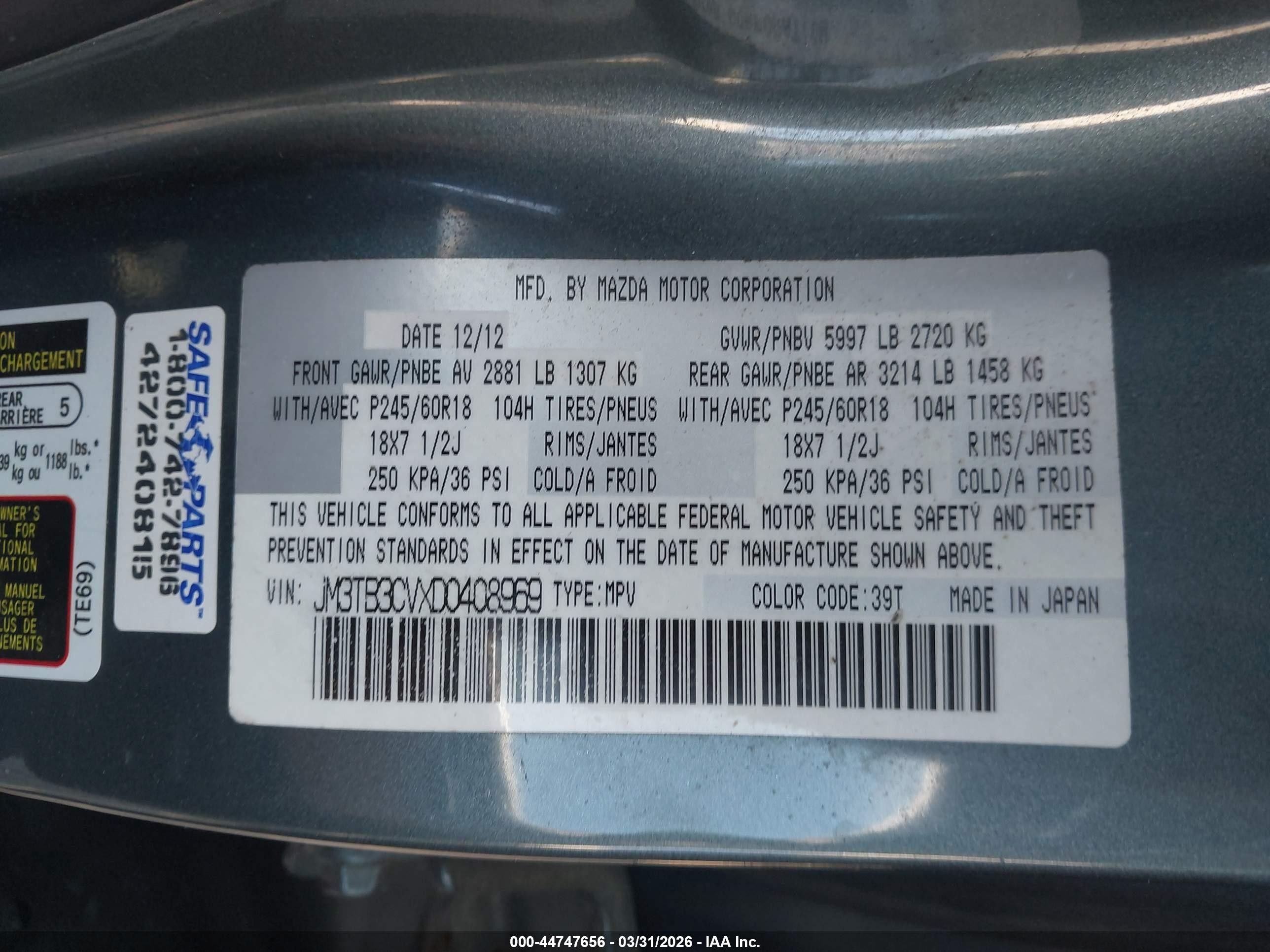 2013 Mazda Cx-9 Touring Green vin: JM3TB3CVXD0408969