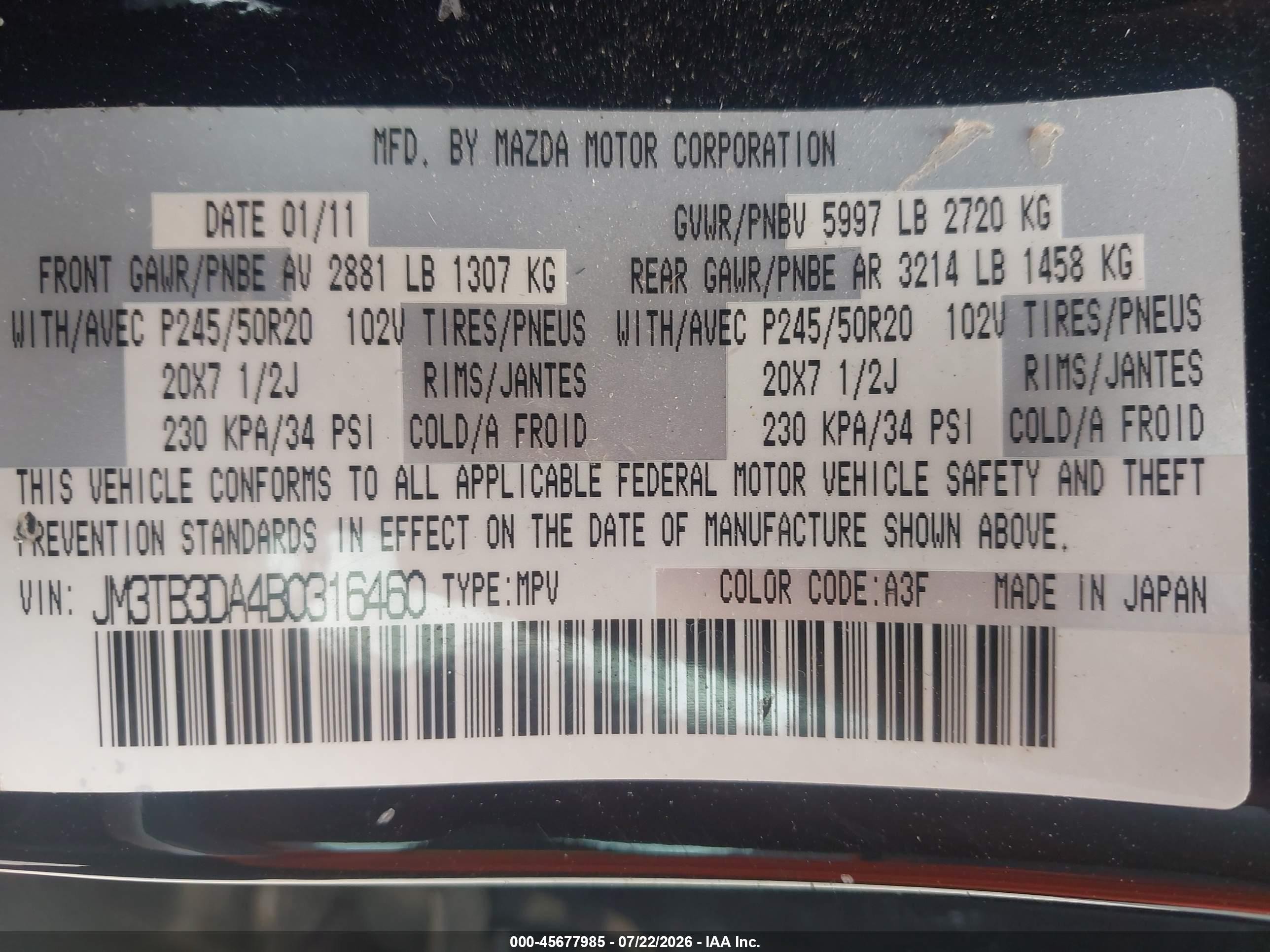 2011 Mazda Cx-9 Grand Touring Black vin: JM3TB3DA4B0316460