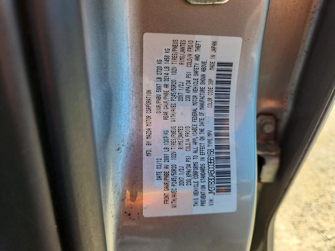 2012 Mazda Cx-9 Silver vin: JM3TB3DA5C0356158