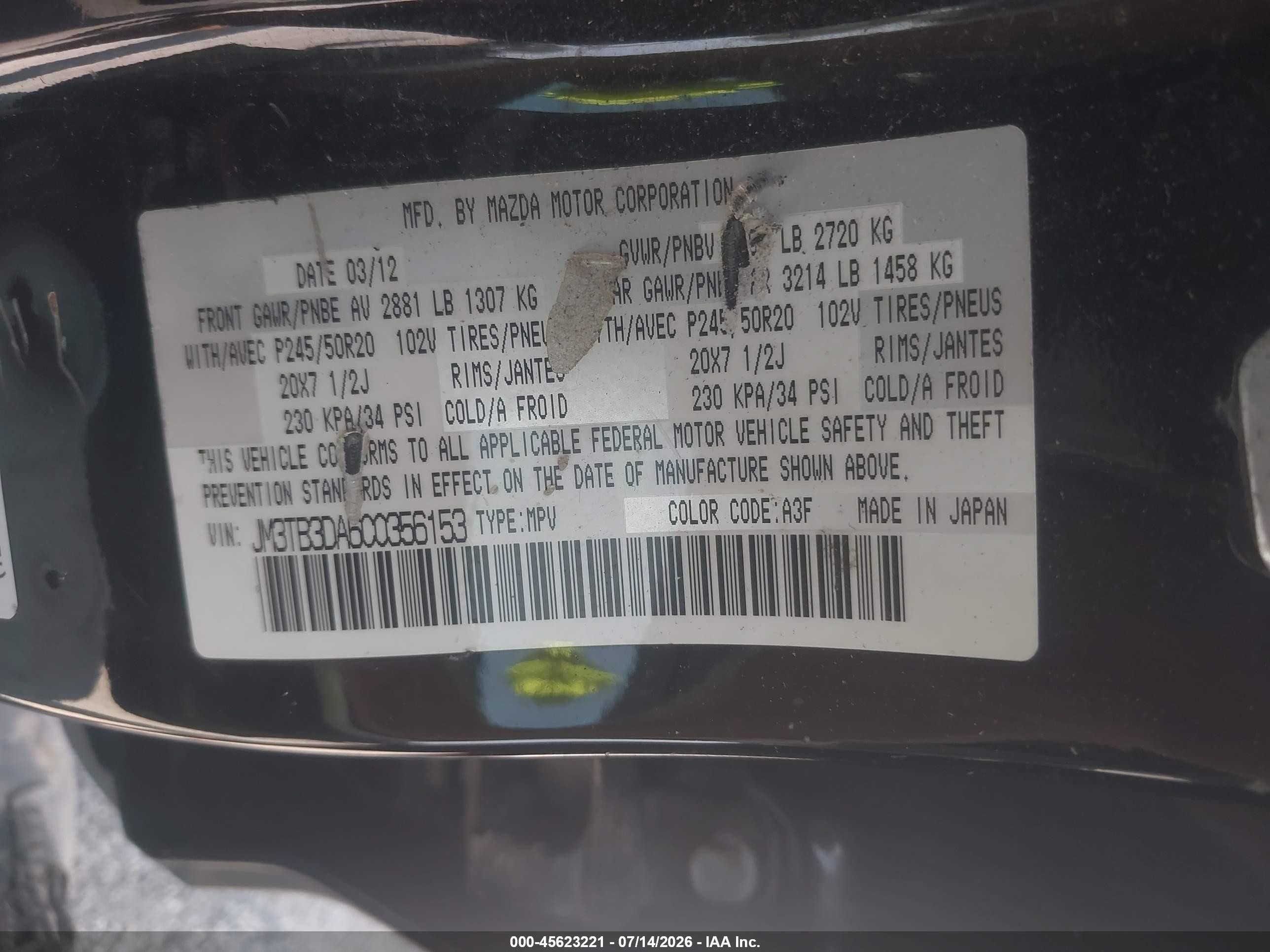 2012 Mazda Cx-9 Grand Touring Black vin: JM3TB3DA6C0356153
