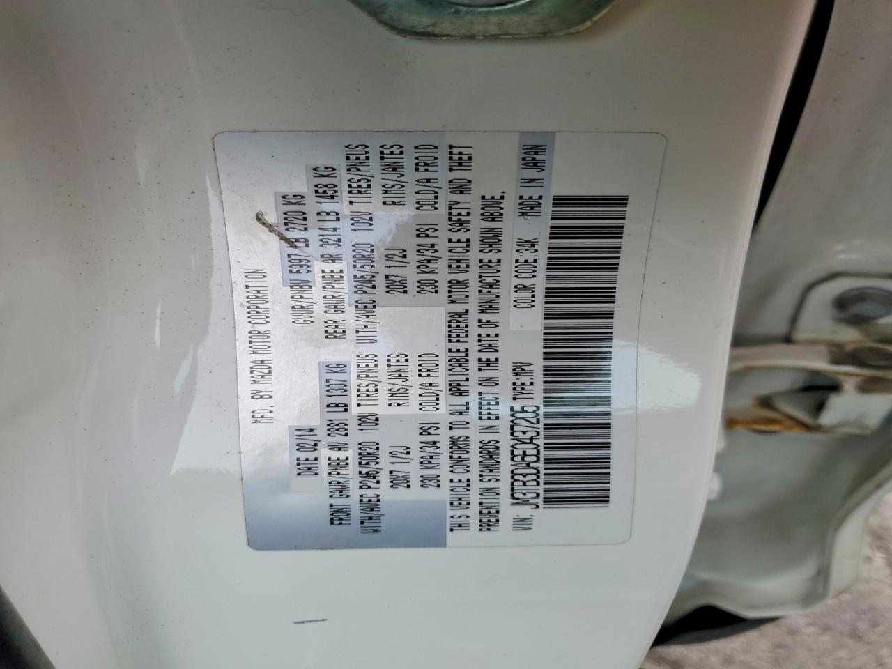 2014 Mazda Cx-9 Grand Touring White vin: JM3TB3DA6E0437205