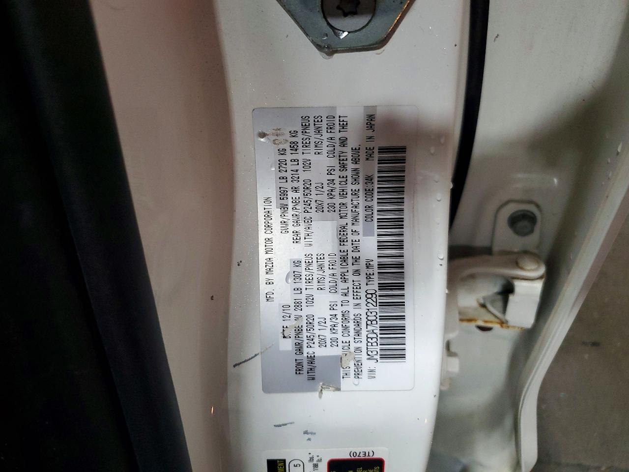 2011 Mazda Cx-9 White vin: JM3TB3DA7B0312290