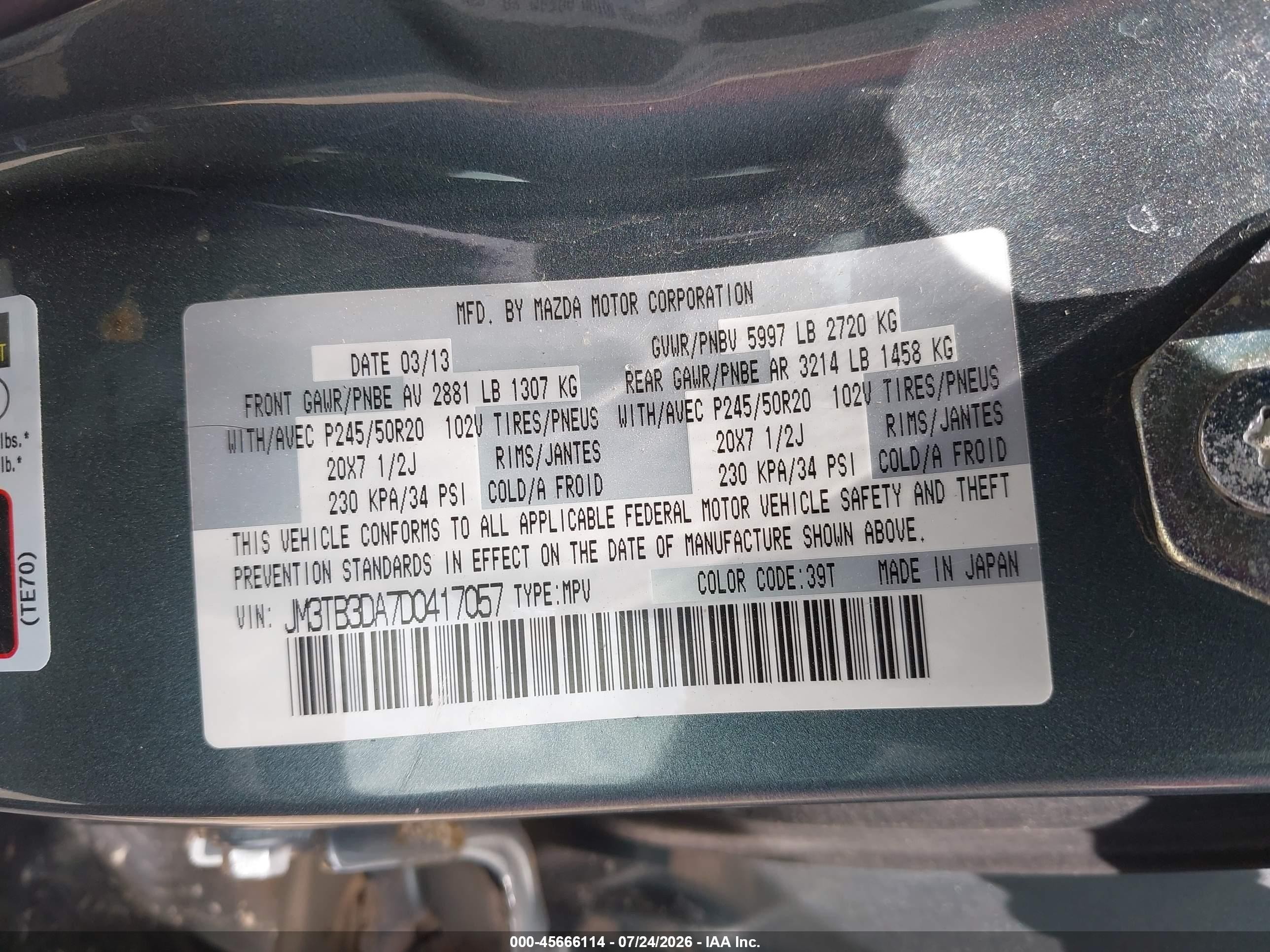 2013 Mazda Cx-9 Grand Touring Зеленый vin: JM3TB3DA7D0417057