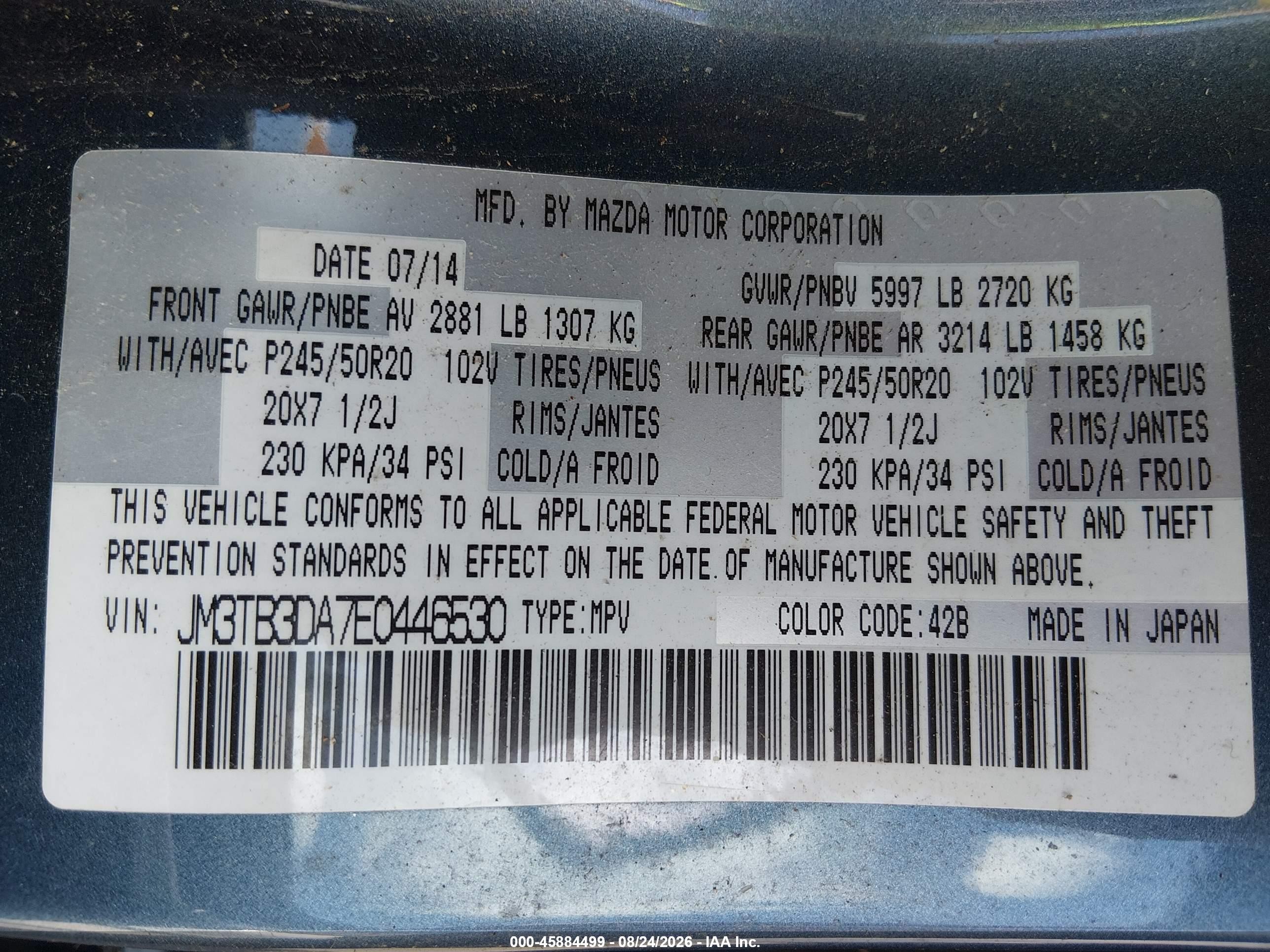 2014 Mazda Cx-9 Grand Touring Blue vin: JM3TB3DA7E0446530