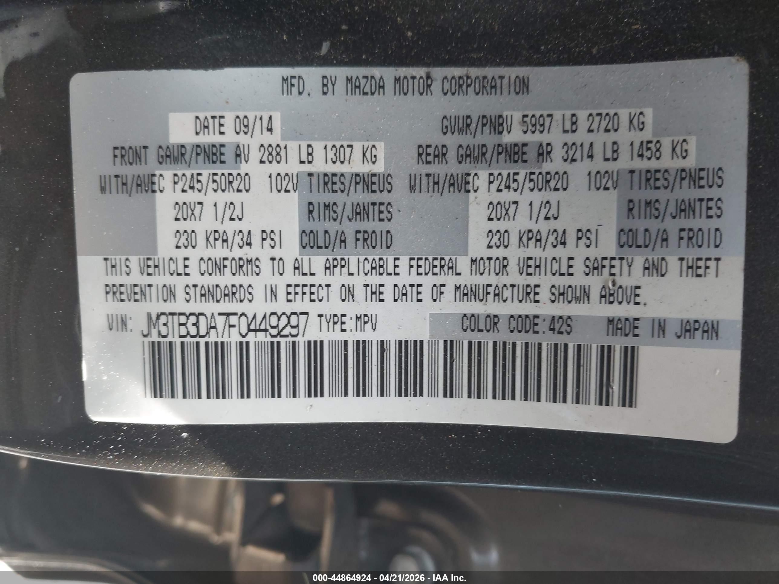 2015 Mazda Cx-9 Grand Touring Dark Brown vin: JM3TB3DA7F0449297