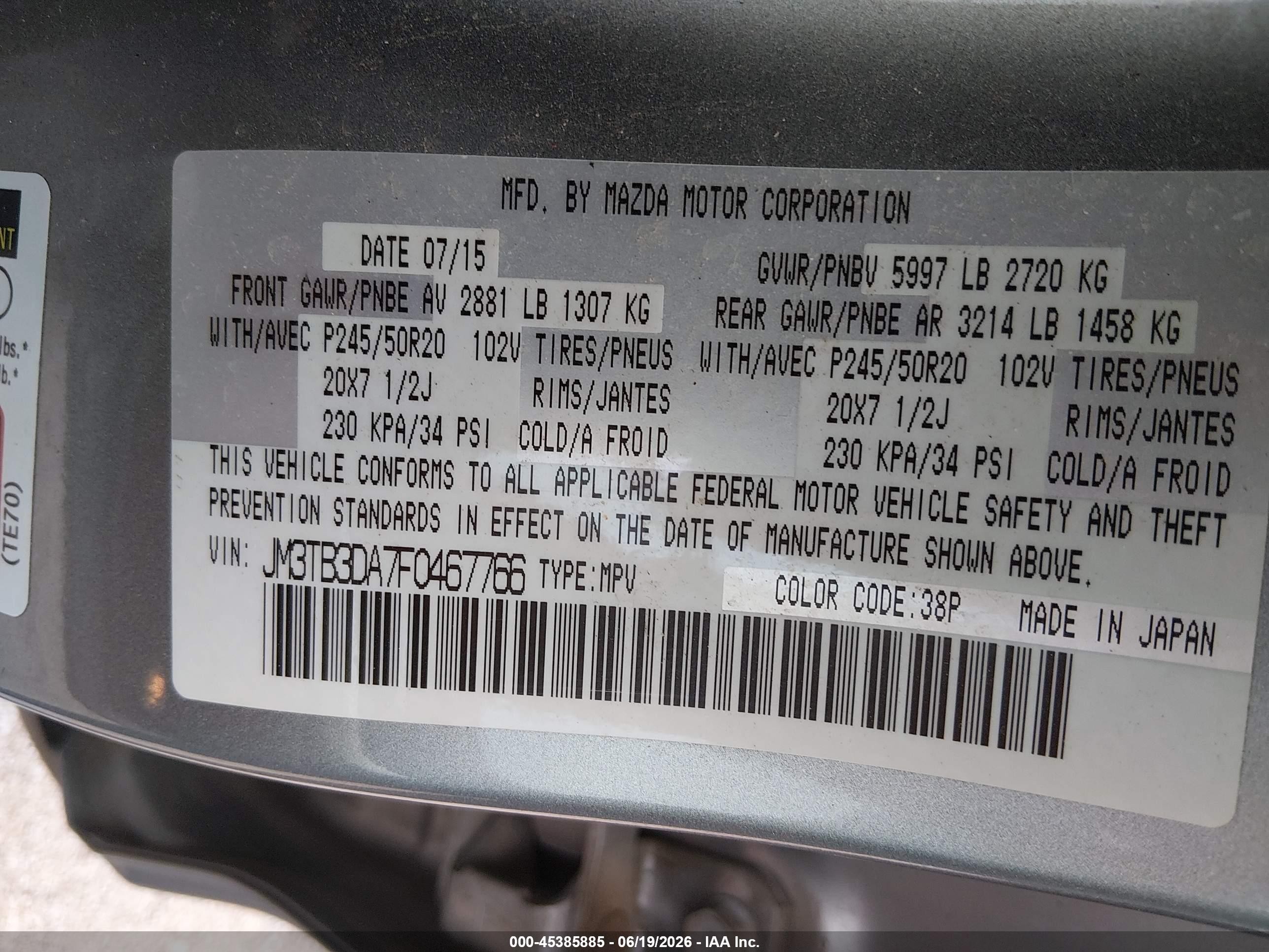 2015 Mazda Cx-9 Grand Touring Silver vin: JM3TB3DA7F0467766