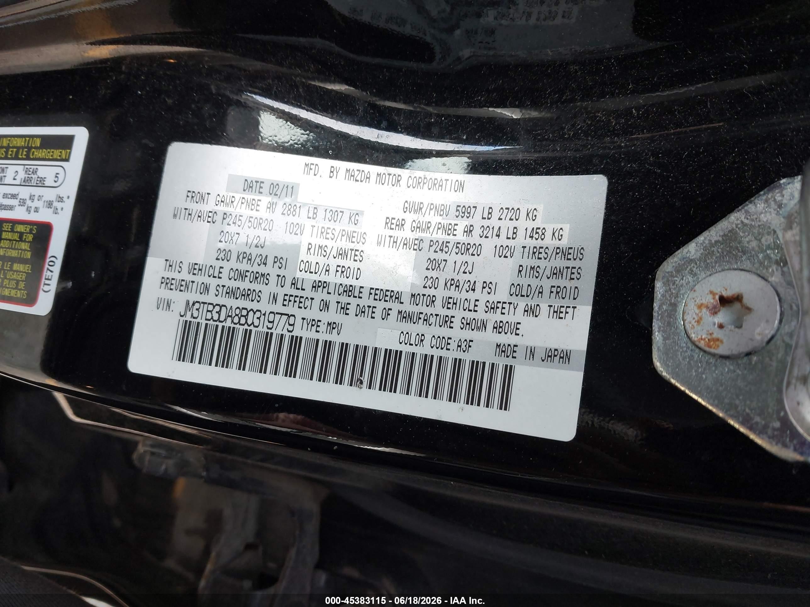 2011 Mazda Cx-9 Grand Touring Черный vin: JM3TB3DA8B0319779