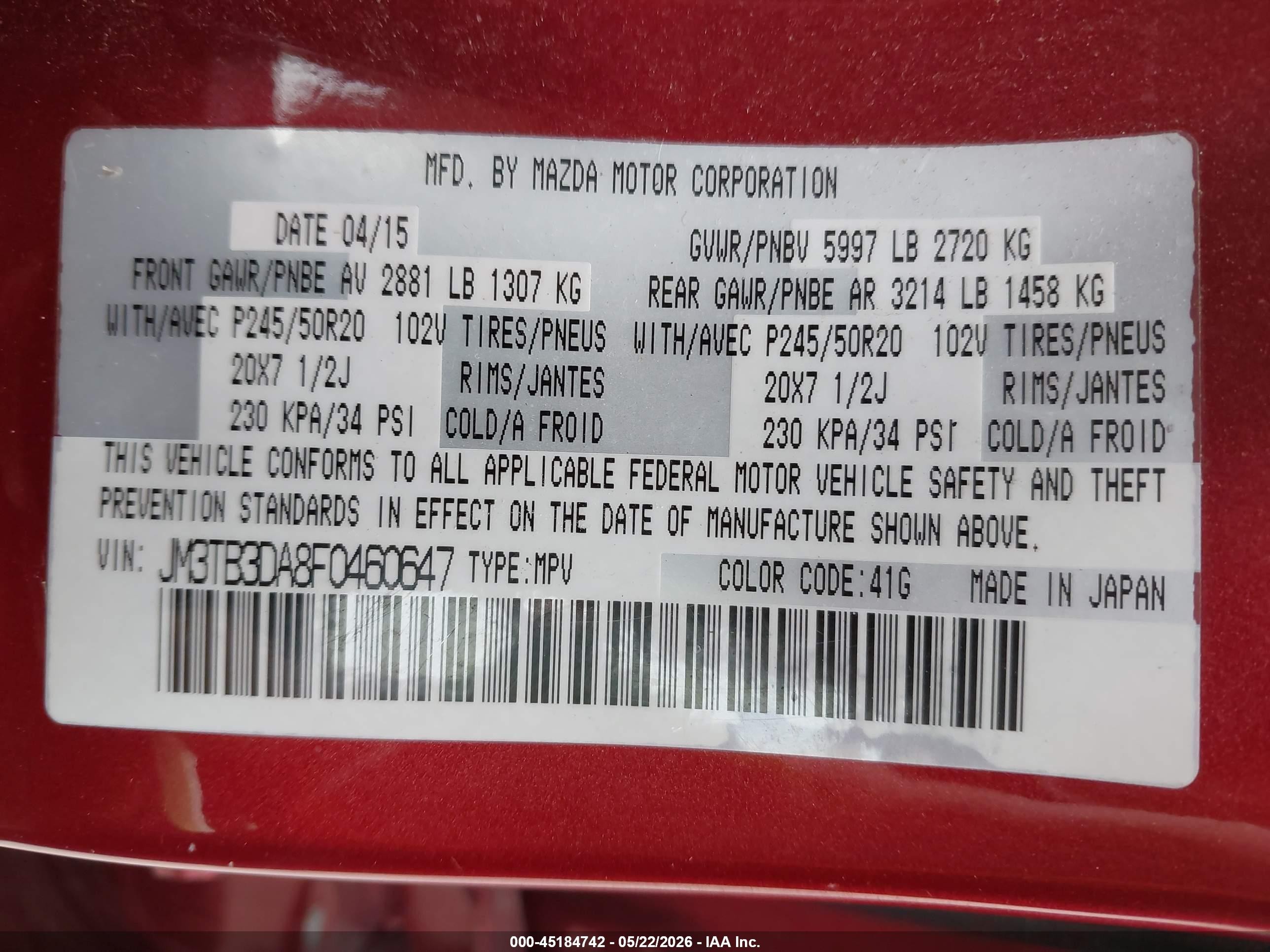 2015 Mazda Cx-9 Grand Touring Red vin: JM3TB3DA8F0460647