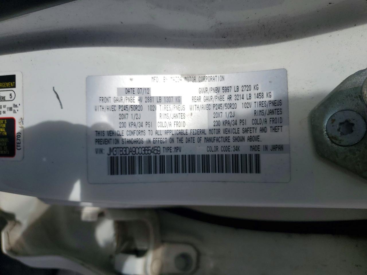 2012 Mazda Cx-9 White vin: JM3TB3DA9C0365459