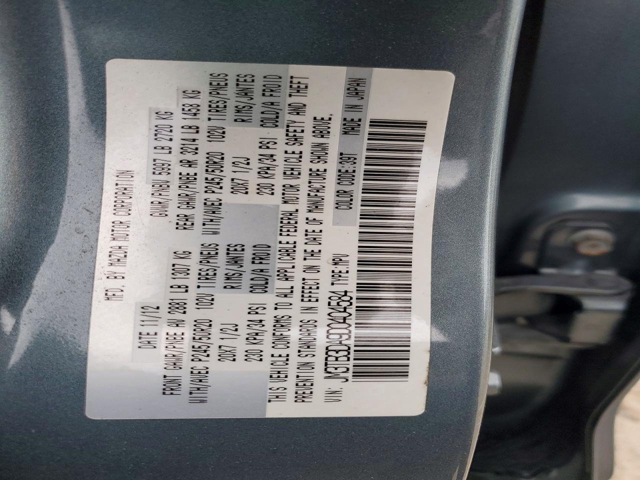 2013 Mazda Cx-9 Grand Touring Бирюзовый vin: JM3TB3DA9D0404584