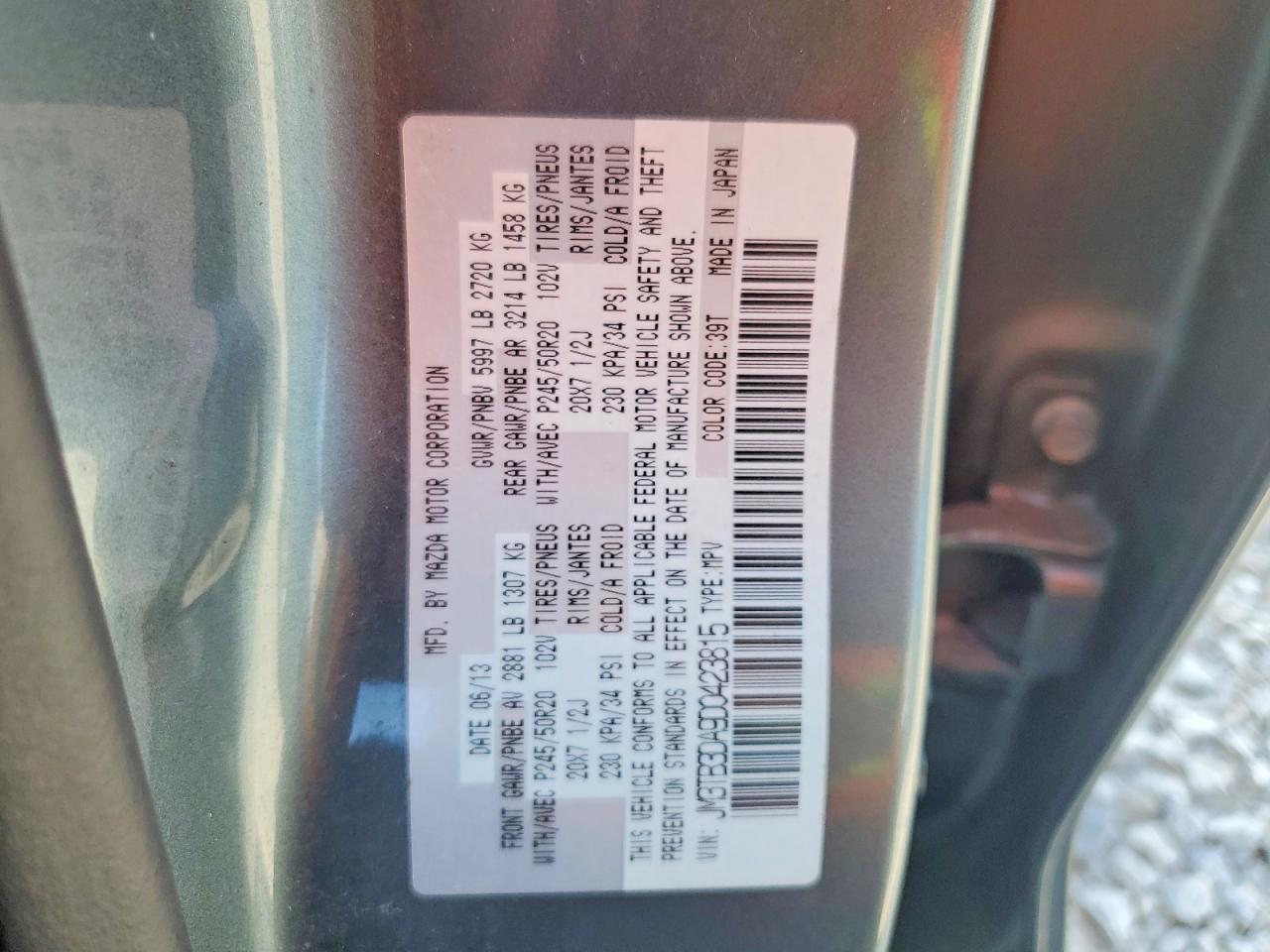 2013 Mazda Cx-9 Grand Touring Green vin: JM3TB3DA9D0423815