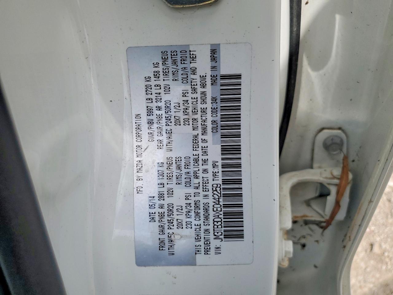 2014 Mazda Cx-9 Grand Touring White vin: JM3TB3DAXE0442259