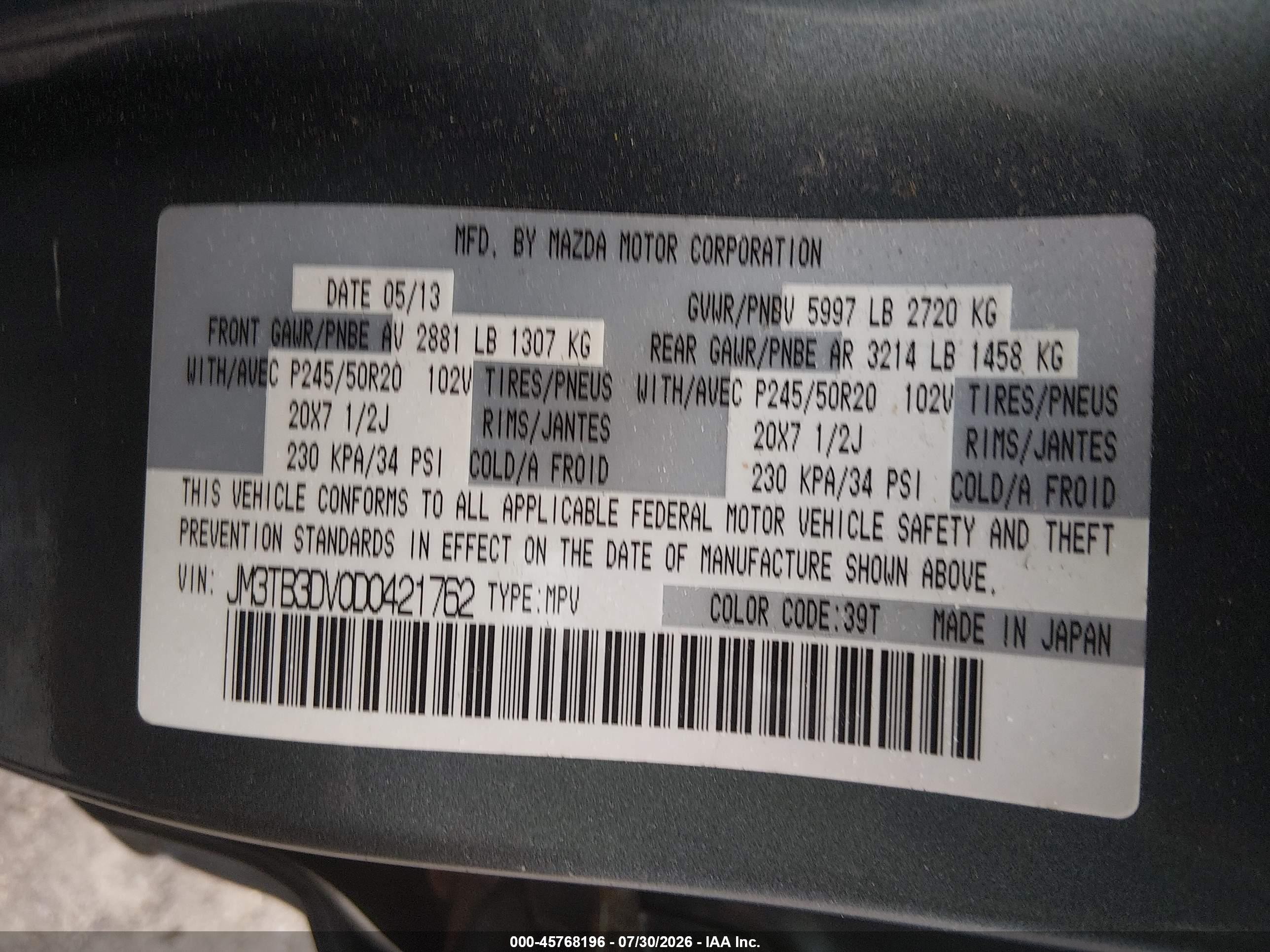 2013 Mazda Cx-9 Grand Touring Blue vin: JM3TB3DV0D0421762