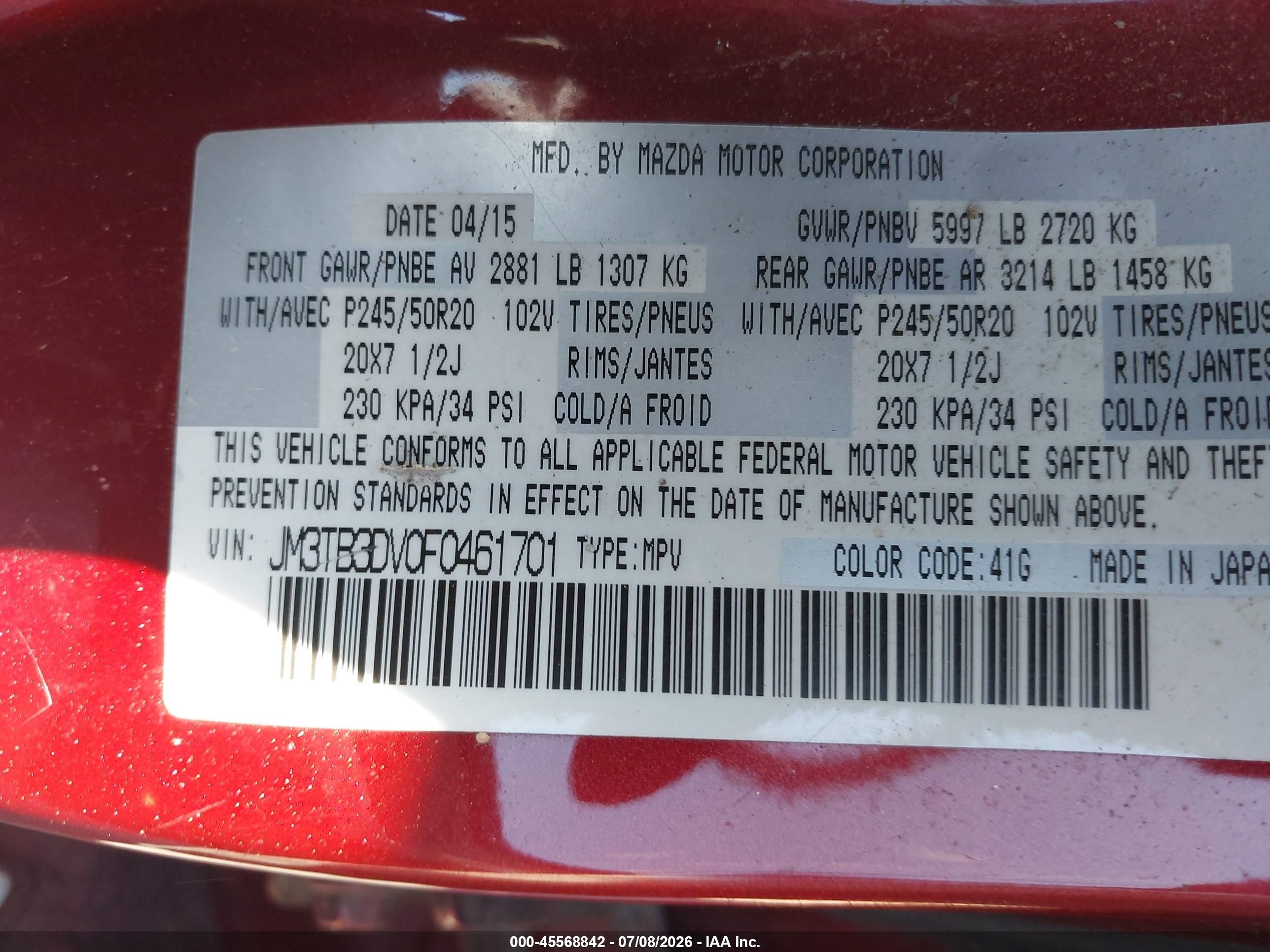 2015 Mazda Cx-9 Grand Touring Red vin: JM3TB3DV0F0461701