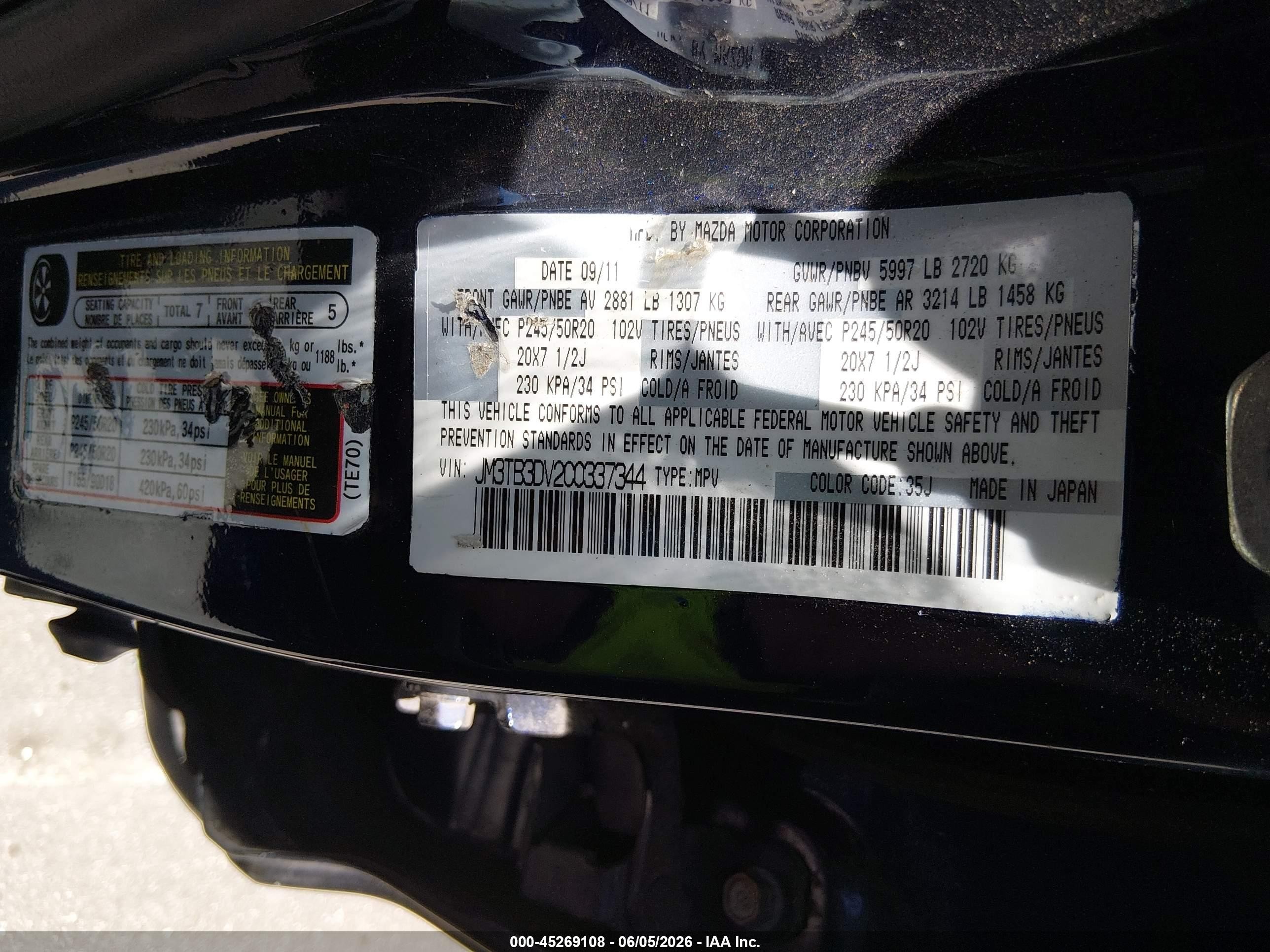 2012 Mazda Cx-9 Grand Touring Blue vin: JM3TB3DV2C0337344