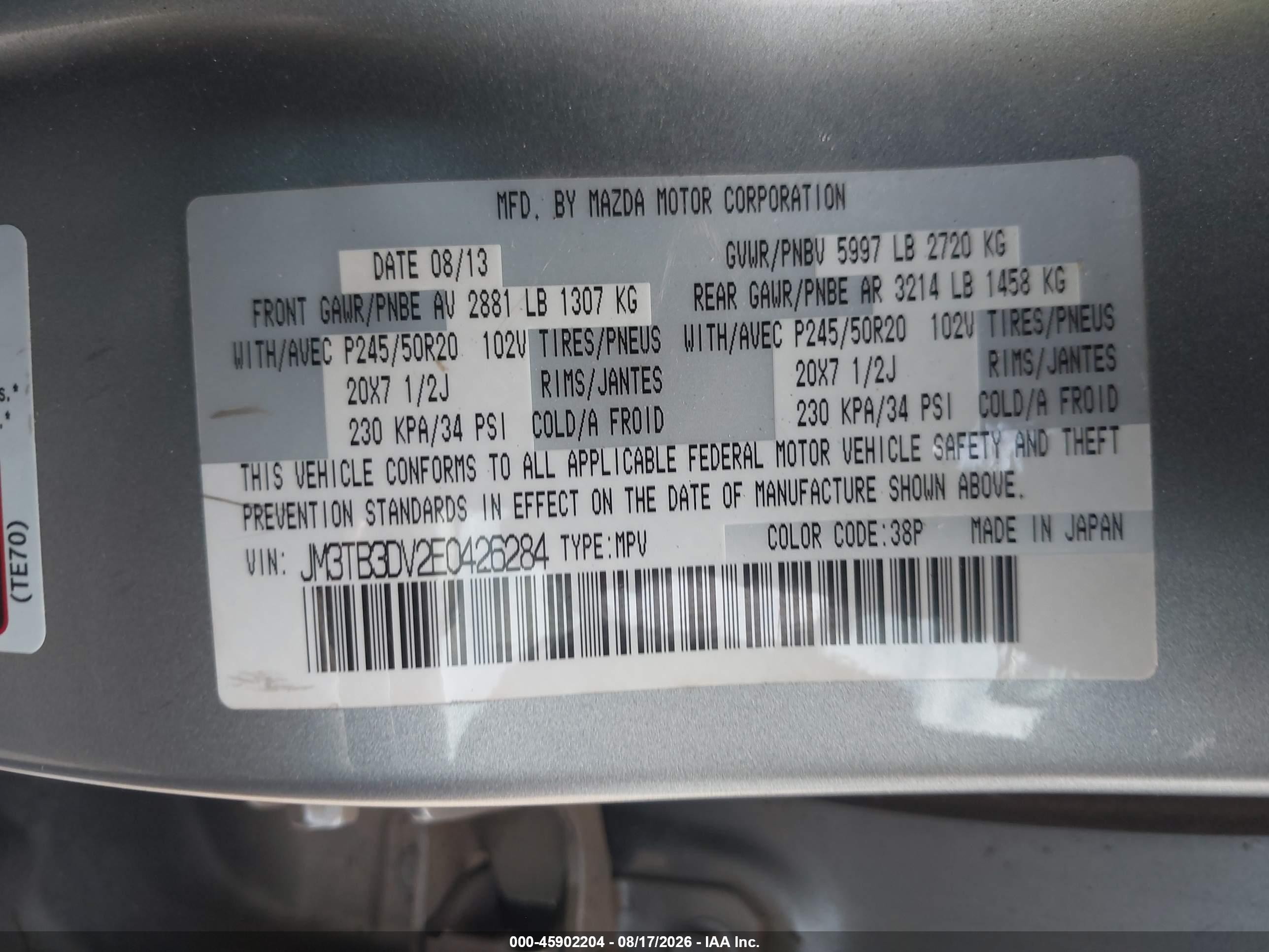 2014 Mazda Cx-9 Grand Touring Silver vin: JM3TB3DV2E0426284