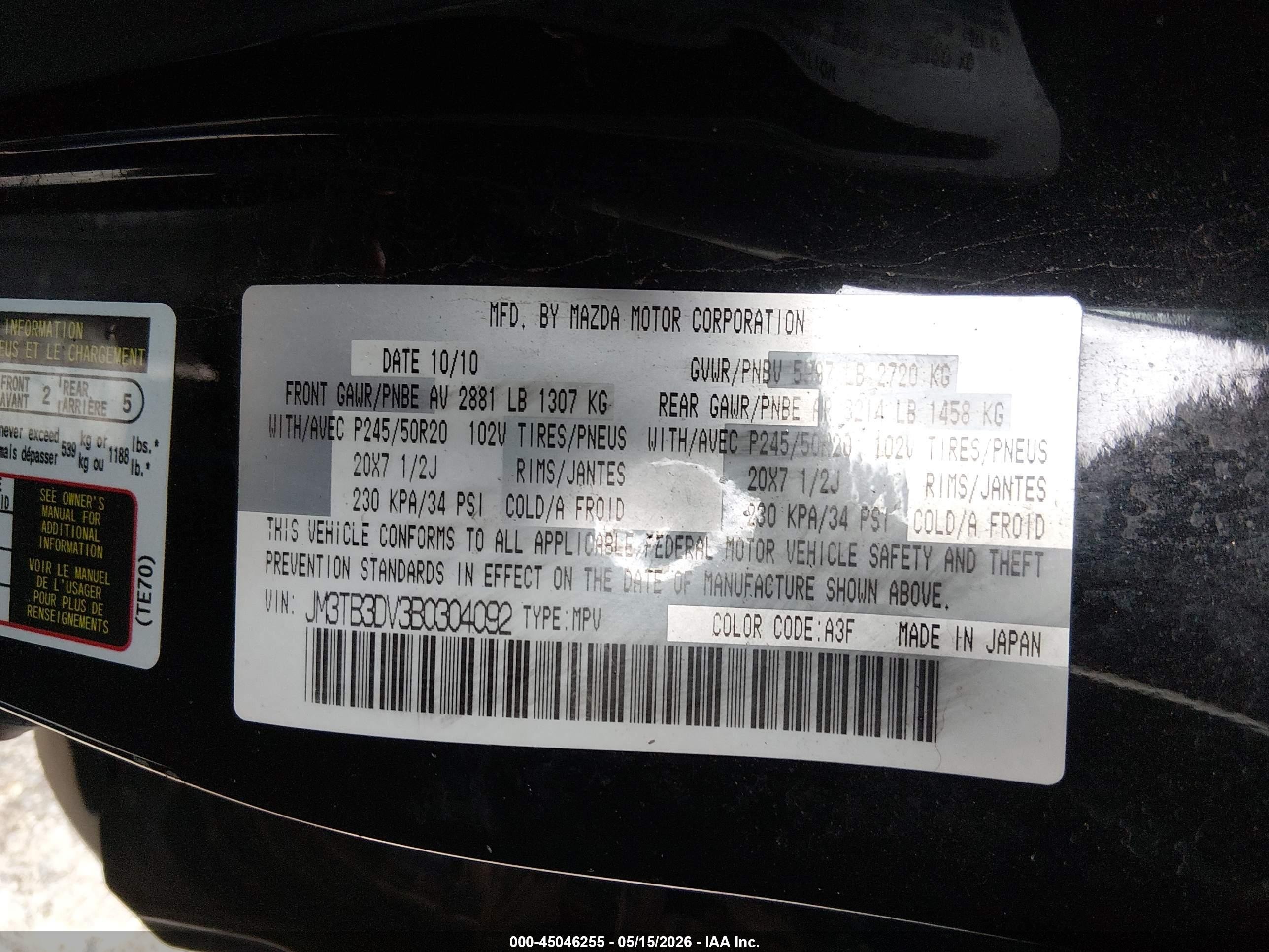 2011 Mazda Cx-9 Grand Touring Black vin: JM3TB3DV3B0304092