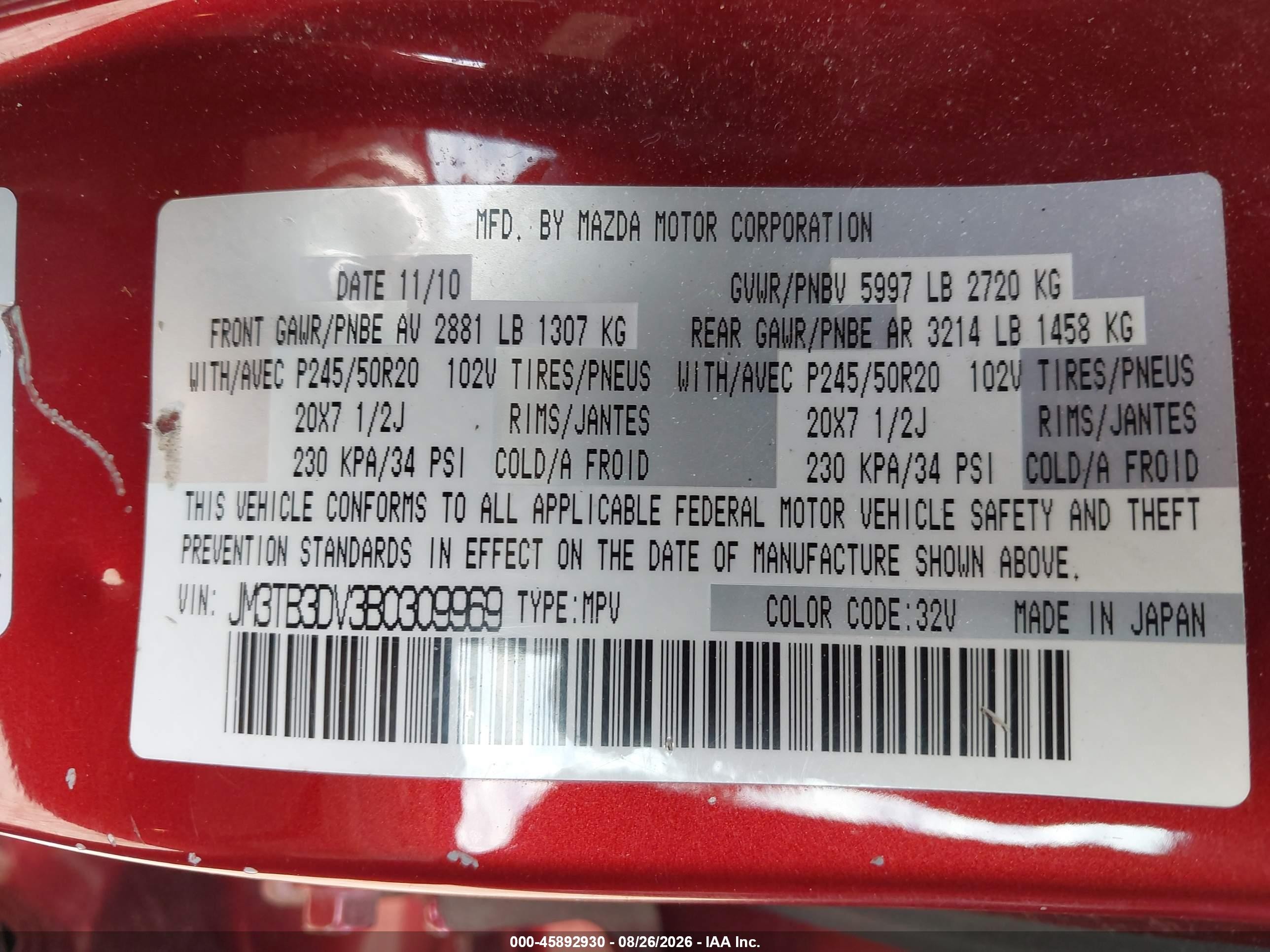 2011 Mazda Cx-9 Grand Touring Red vin: JM3TB3DV3B0309969