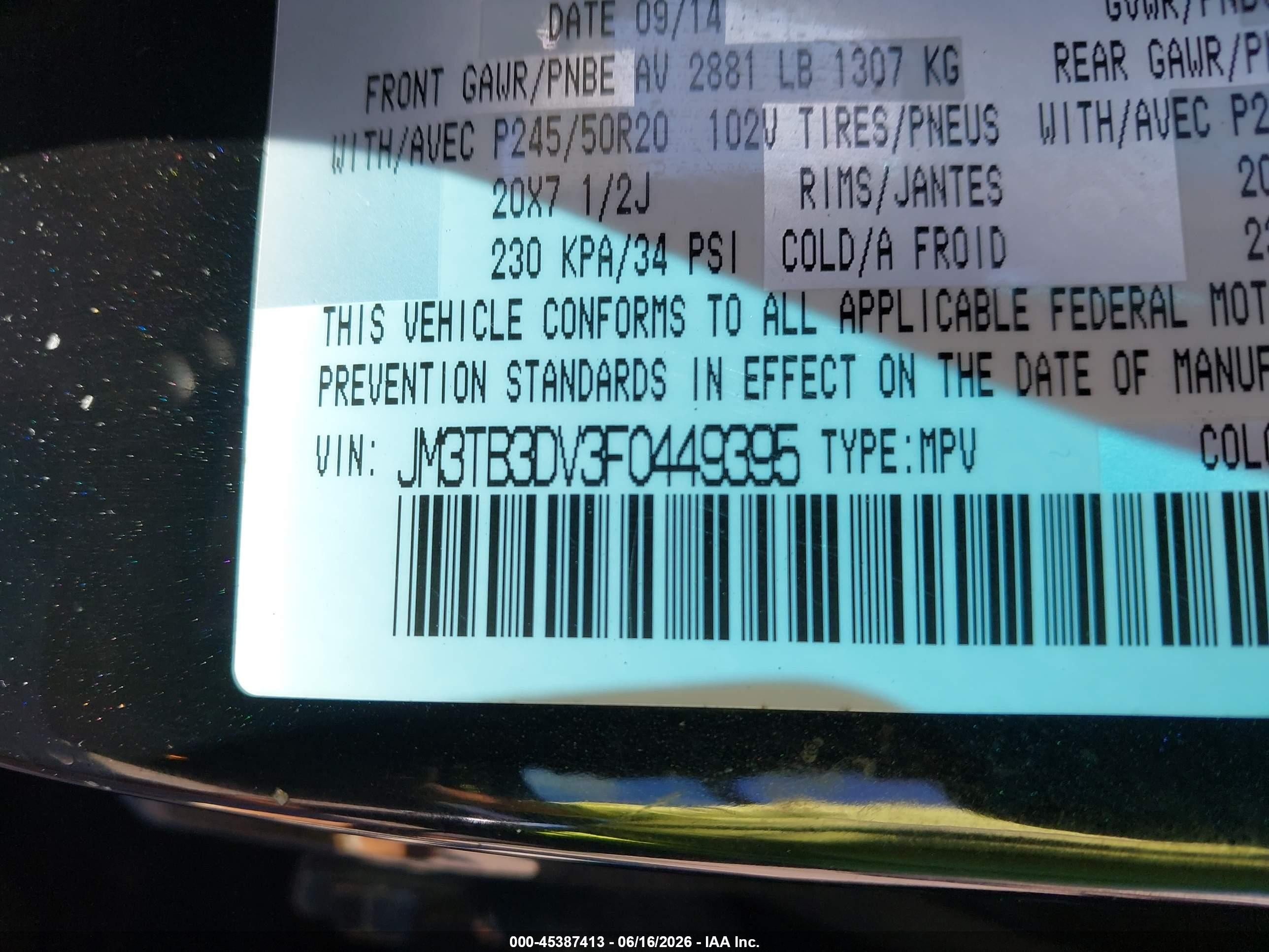 2015 Mazda Cx-9 Grand Touring Black vin: JM3TB3DV3F0449395