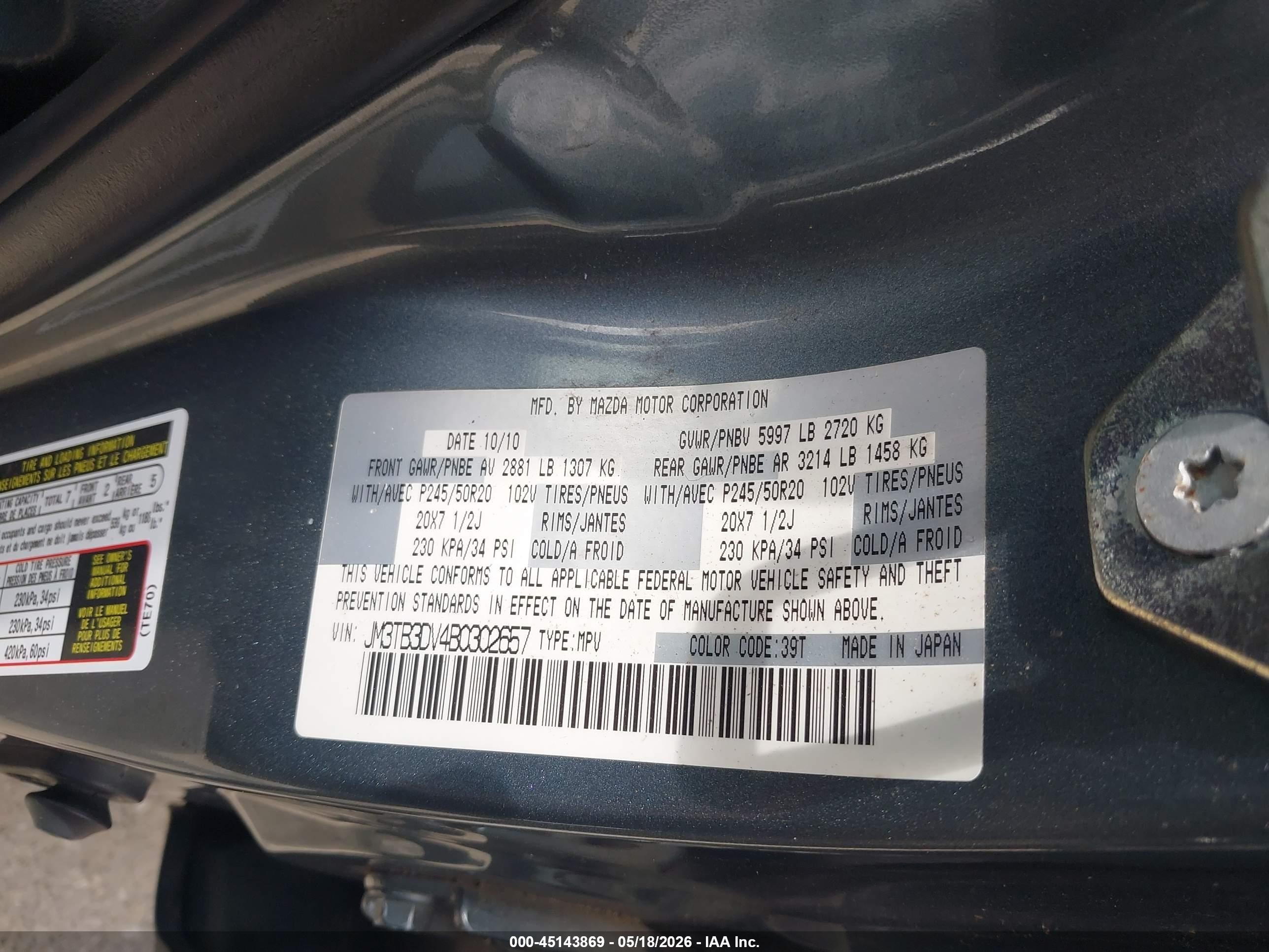 2011 Mazda Cx-9 Grand Touring Teal vin: JM3TB3DV4B0302657