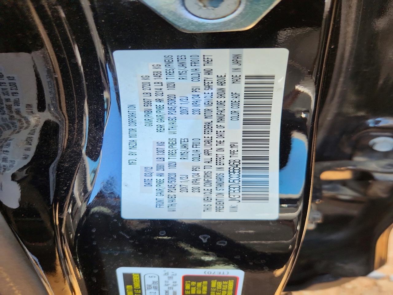2012 Mazda Cx-9 Black vin: JM3TB3DV5C0356468