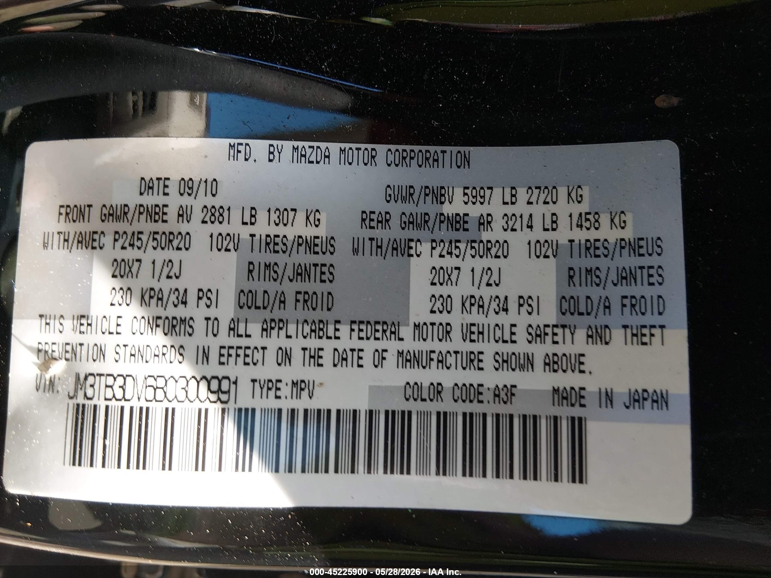 2011 Mazda Cx-9 Grand Touring Black vin: JM3TB3DV6B0300991