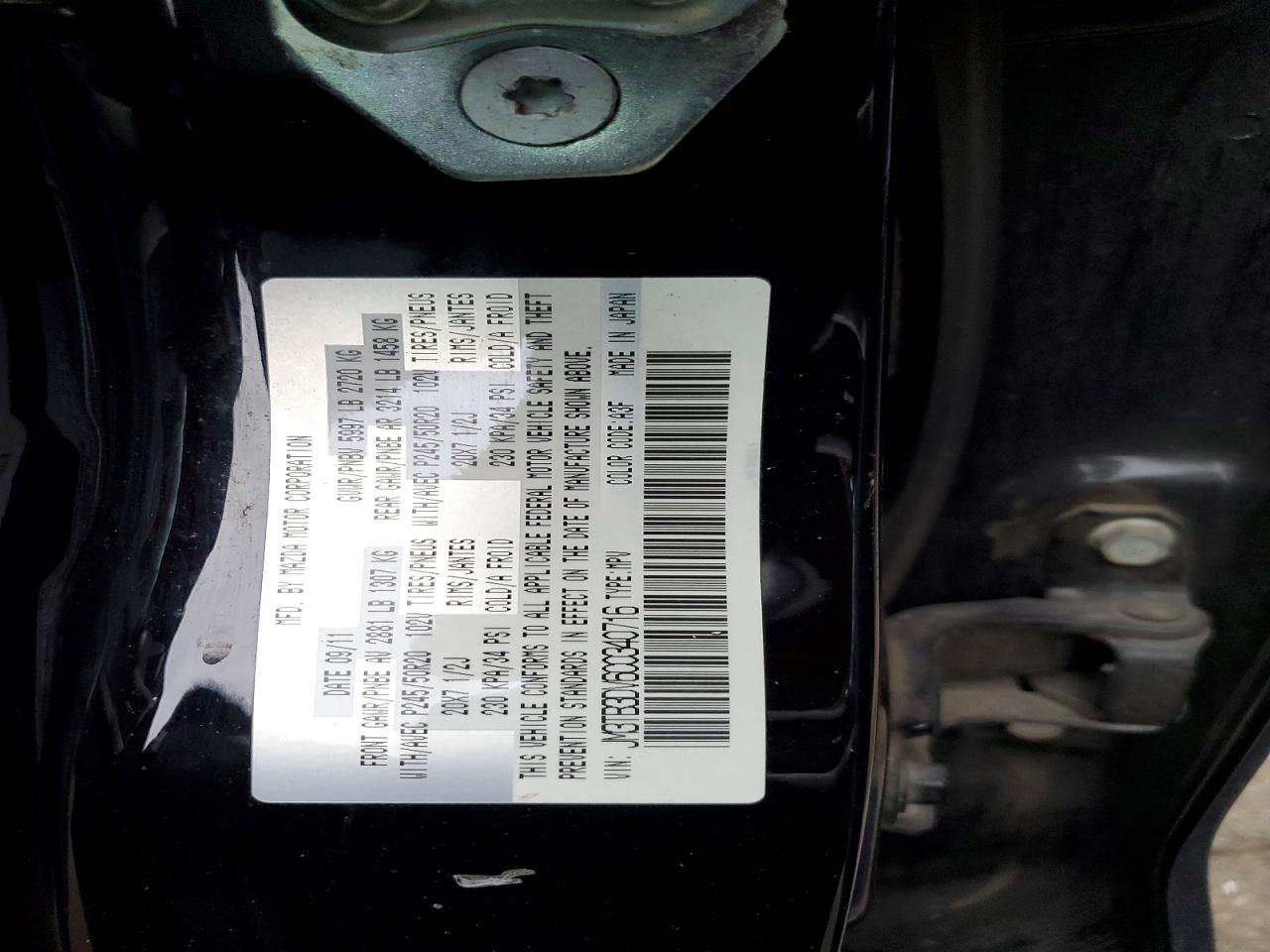2012 Mazda Cx-9 Черный vin: JM3TB3DV6C0340716