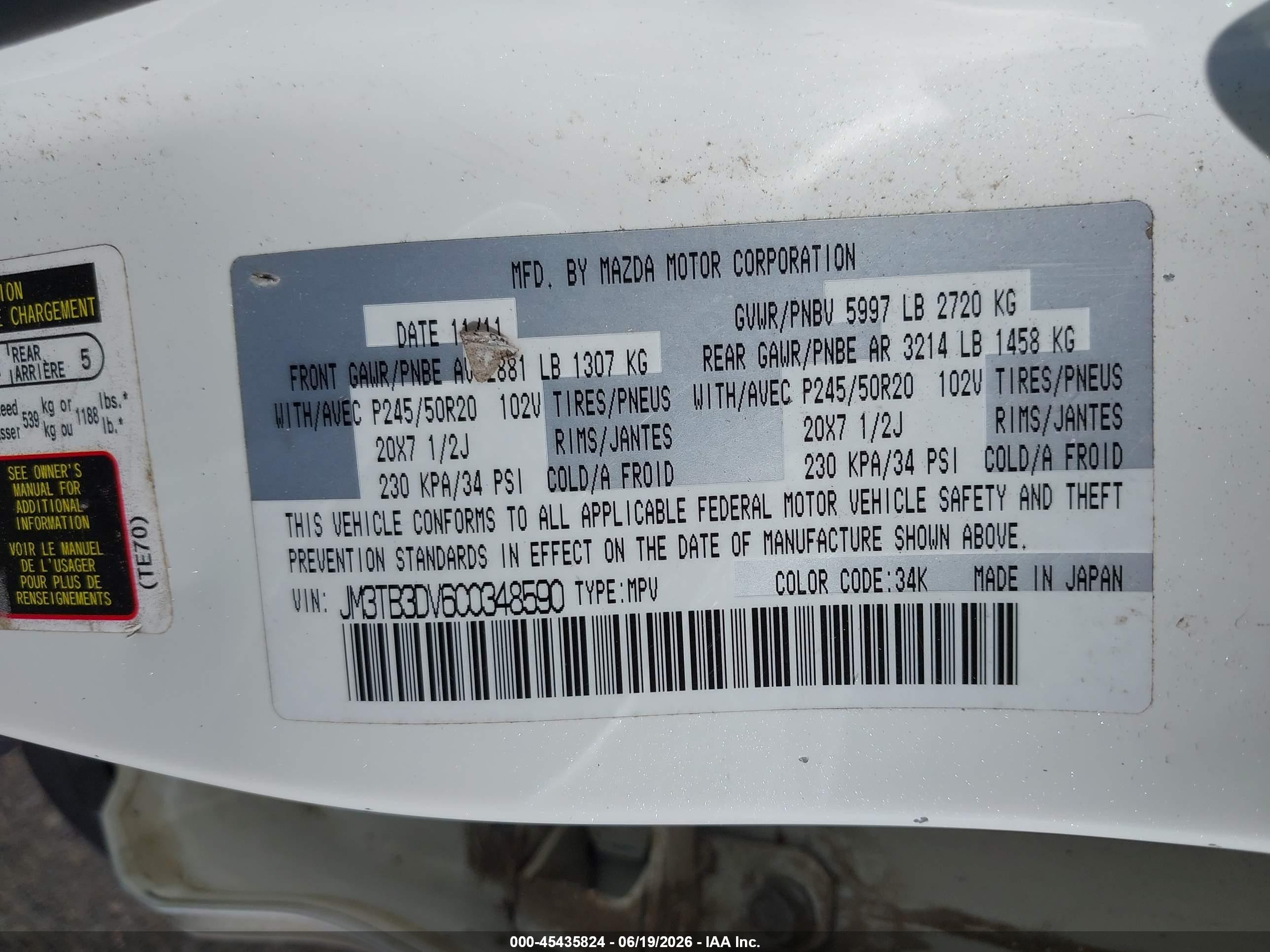 2012 Mazda Cx-9 Grand Touring White vin: JM3TB3DV6C0348590