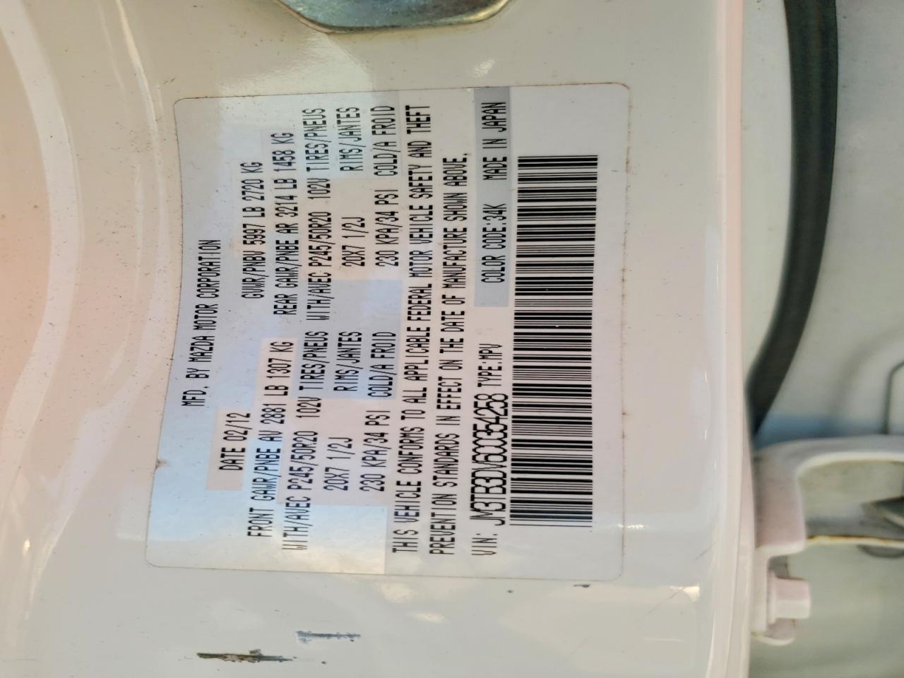 2012 Mazda Cx-9 White vin: JM3TB3DV6C0354258